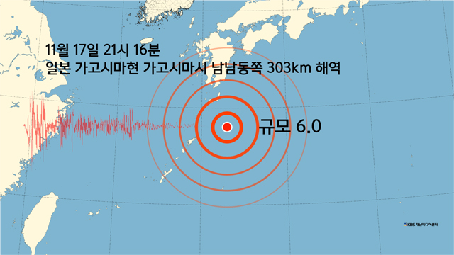 일본 가고시마현 가고시마시 남남동쪽 303km 해역 규모 6.0 지진