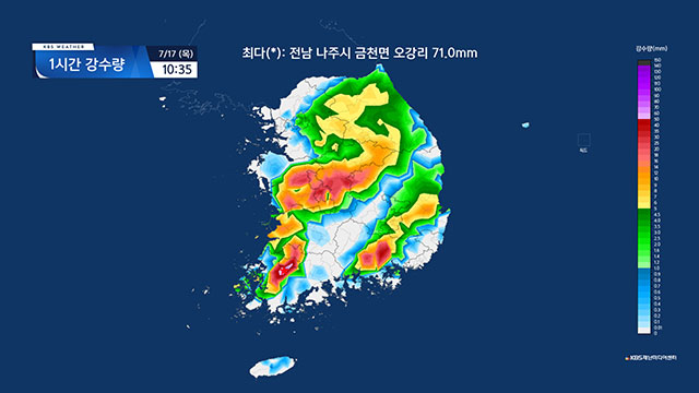 [속보] 전남 나주에 시간당 70mm 이상 집중호우, <br>침수 주의