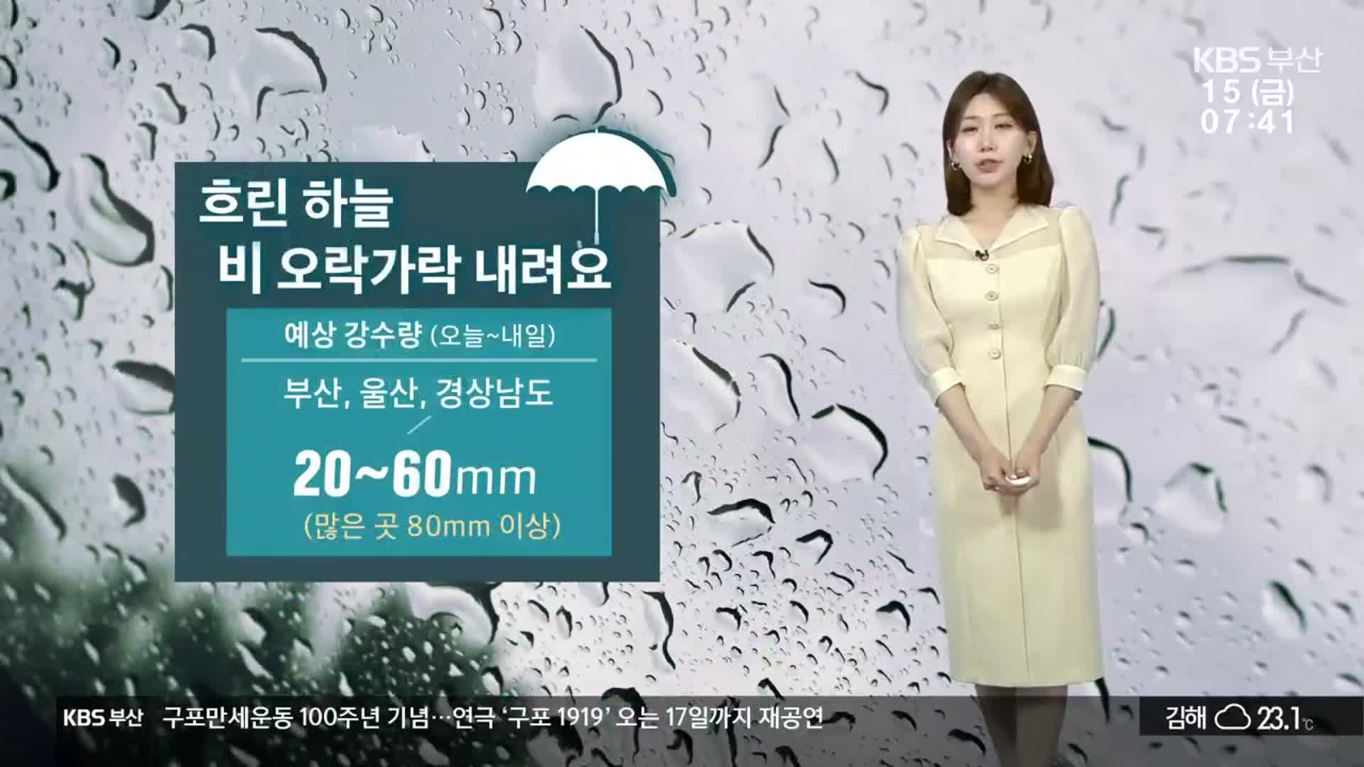 [날씨] 부산 흐린 하늘 비 오락가락…부·울·경 많은 곳 80mm 이상