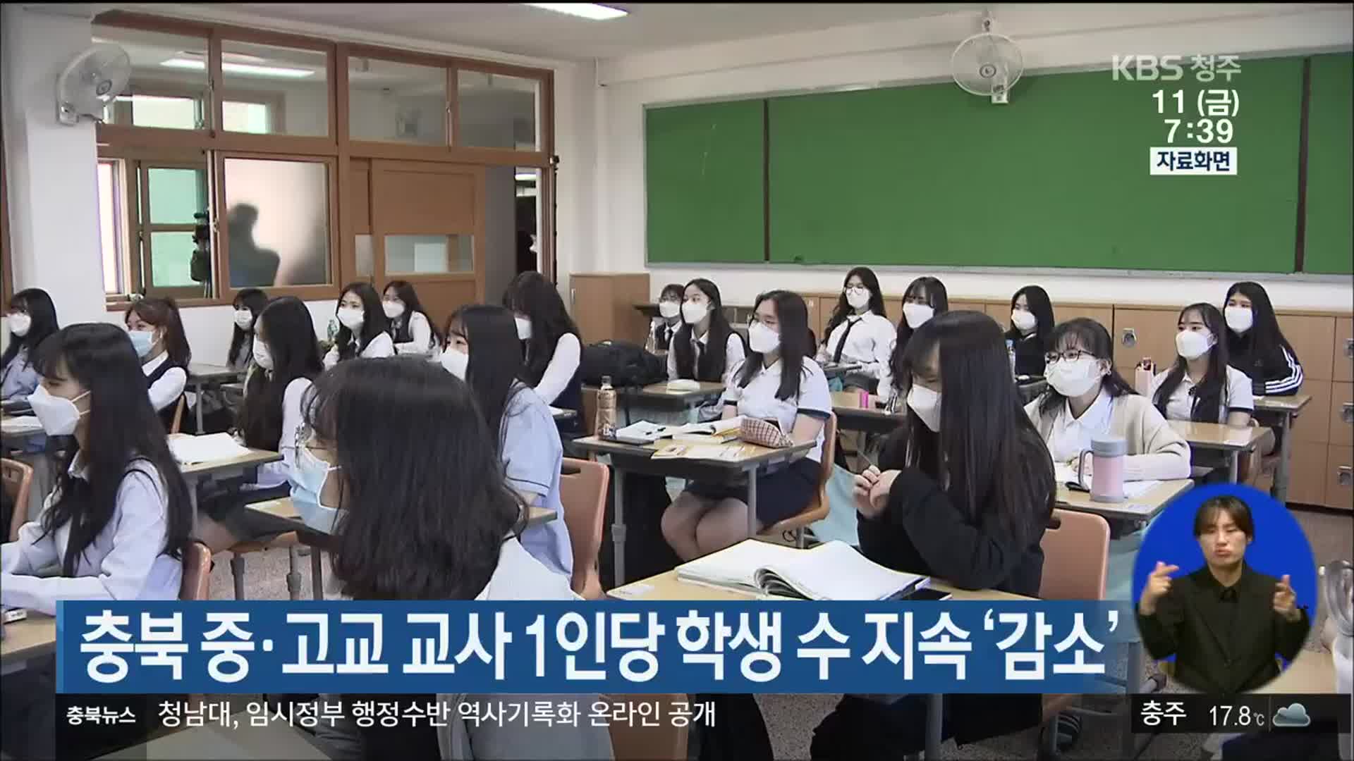 충북 중·고교 교사 1인당 학생 수 지속 ‘감소’