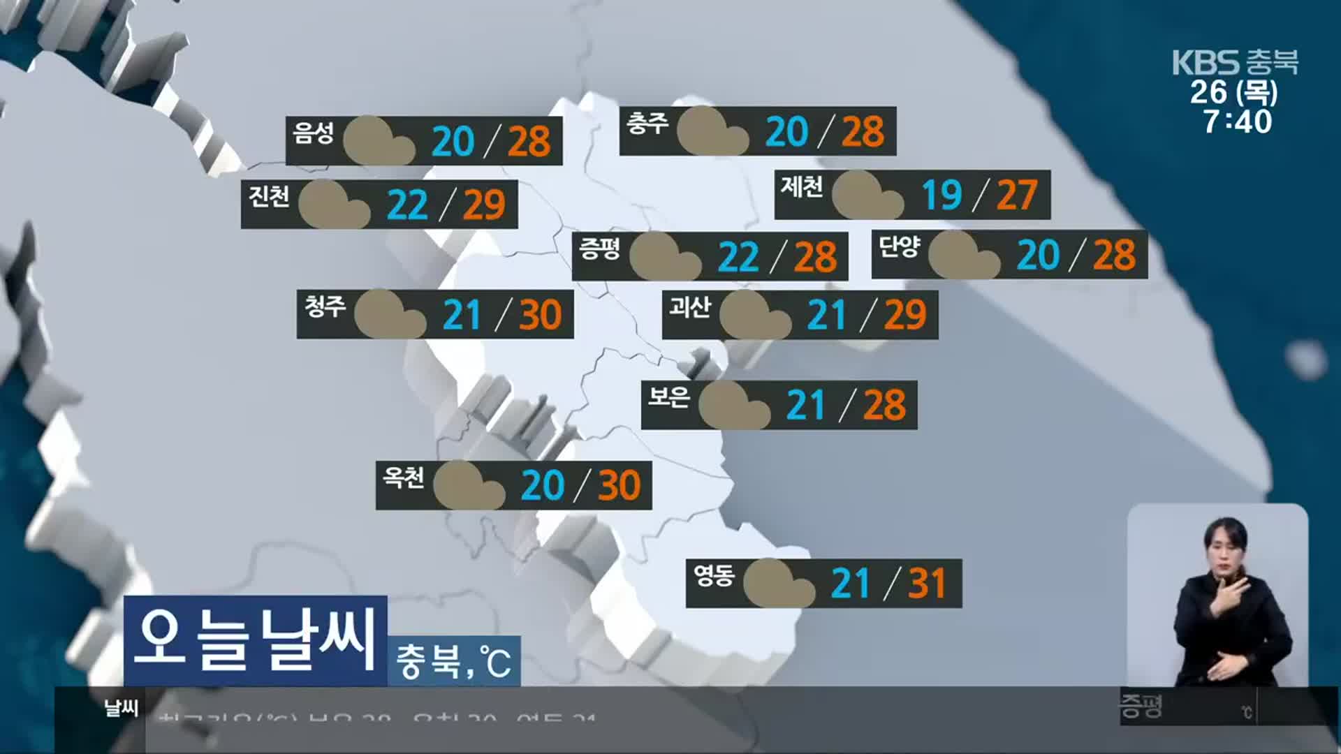 [날씨] 충북 대체로 흐리고 곳곳 안개 주의…낮 최고 27~31도