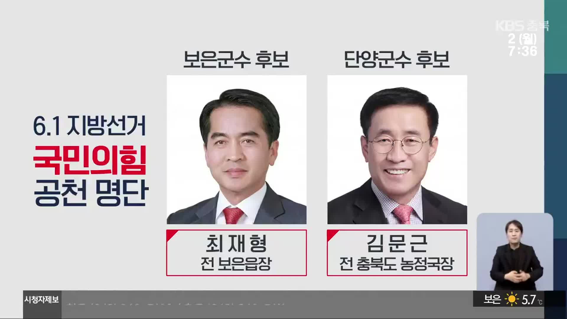 국민의힘 충북도당, 보은·단양군수 후보 공천 확정