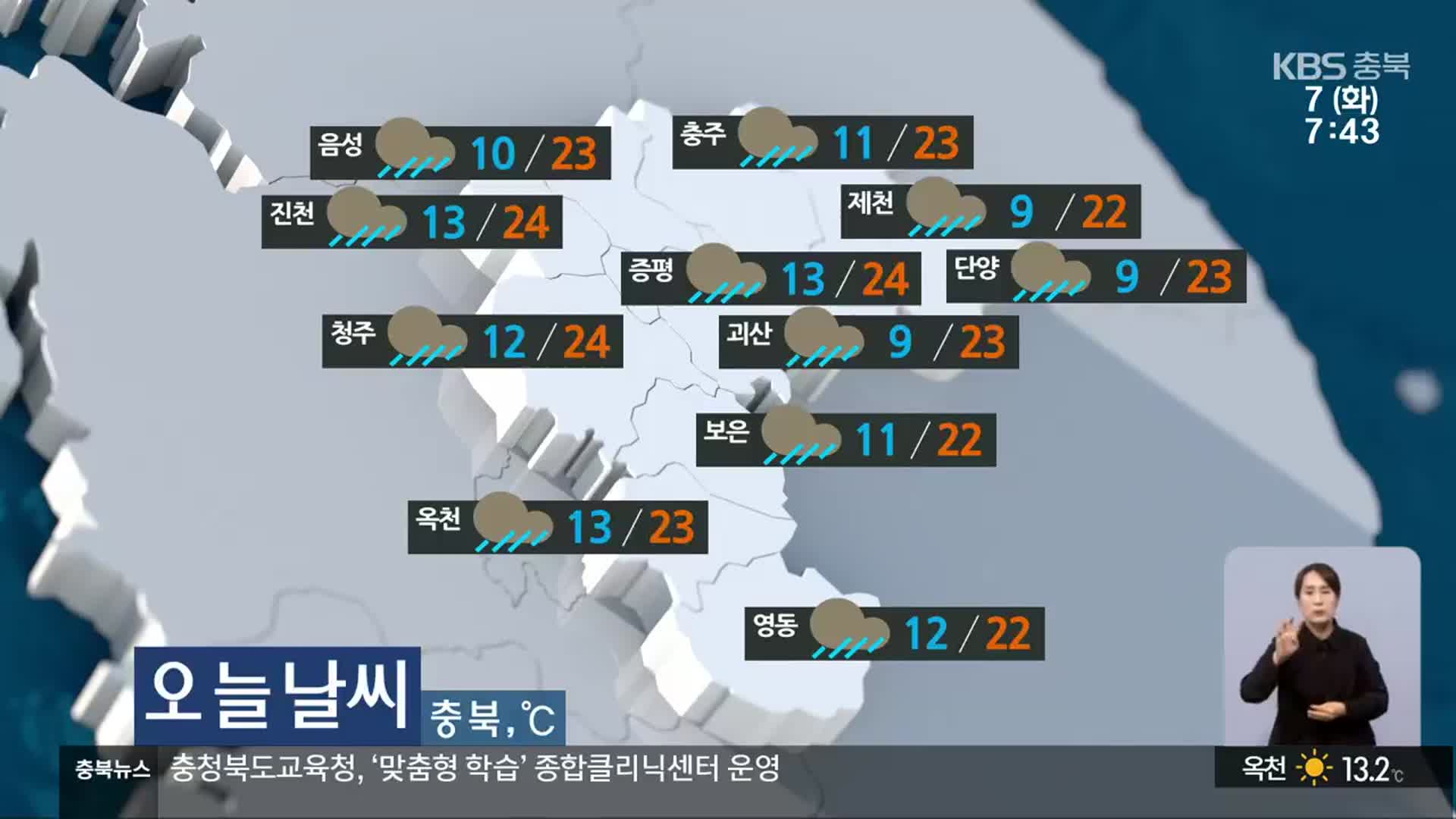 [날씨] 충북 대체로 흐리고 곳곳 비…낮 최고 22~24도
