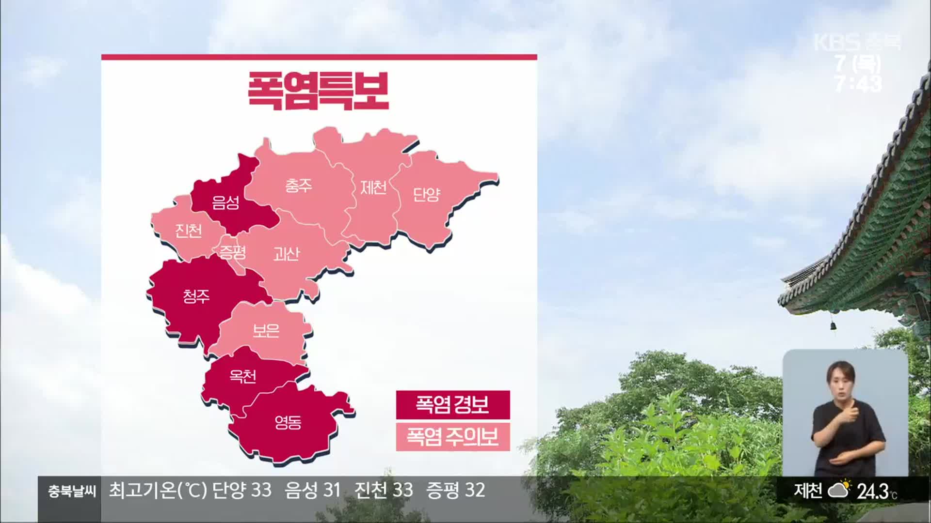 [날씨] 충북 폭염특보 ‘한낮 31~34도’…시간당 30mm 이상 비