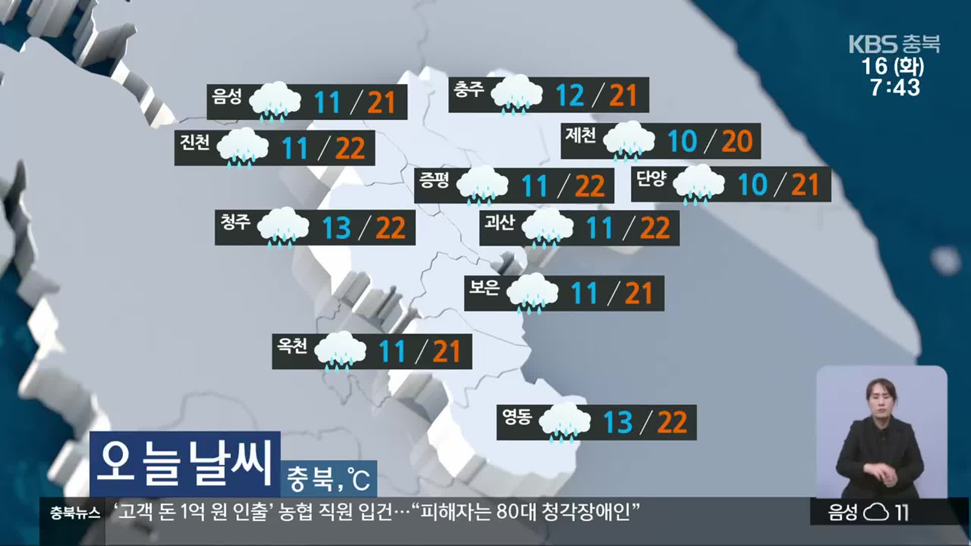 [날씨] 충북 대체로 흐리고 비…낮 최고 22도