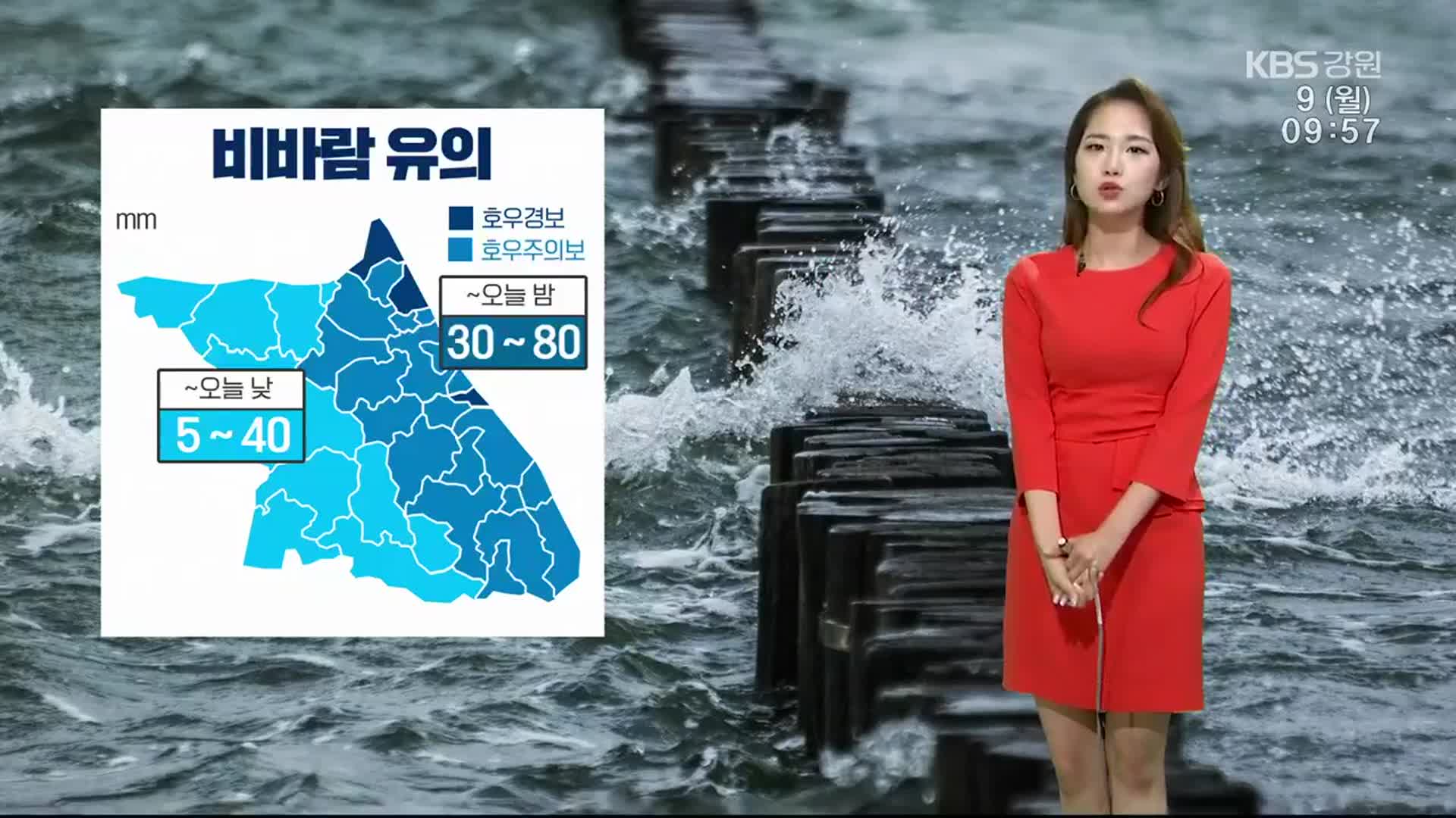 [날씨] 강원 영동지역 밤까지 30~80㎜ 비…강풍주의보 발효
