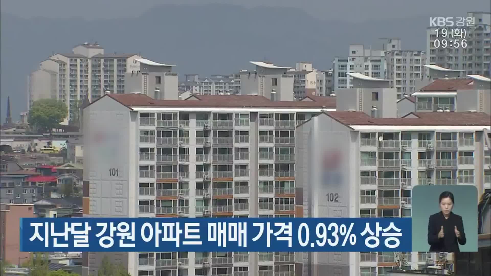 지난달 강원 아파트 매매 가격 0.93% 상승