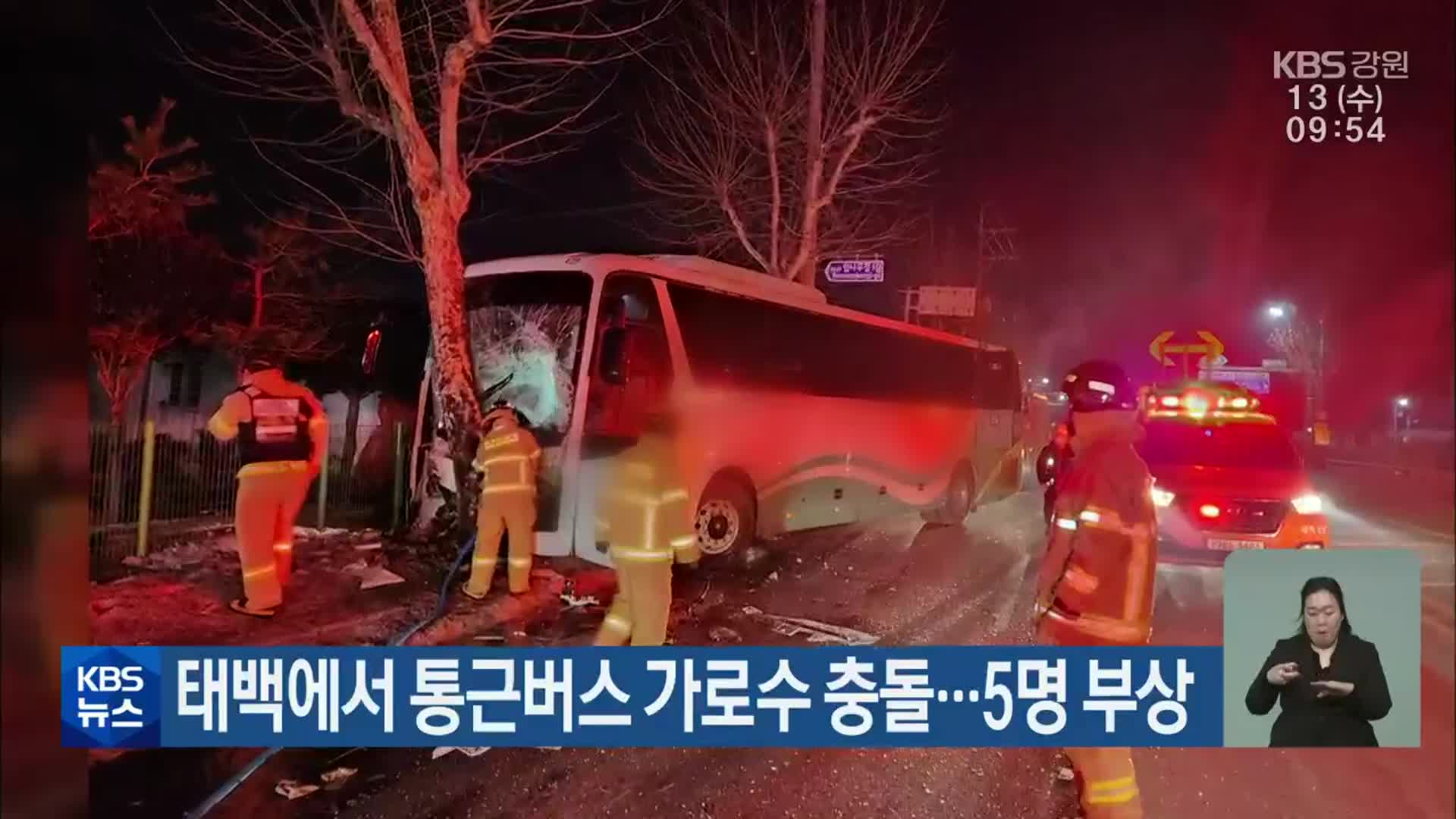 태백에서 통근버스 가로수 충돌…5명 부상