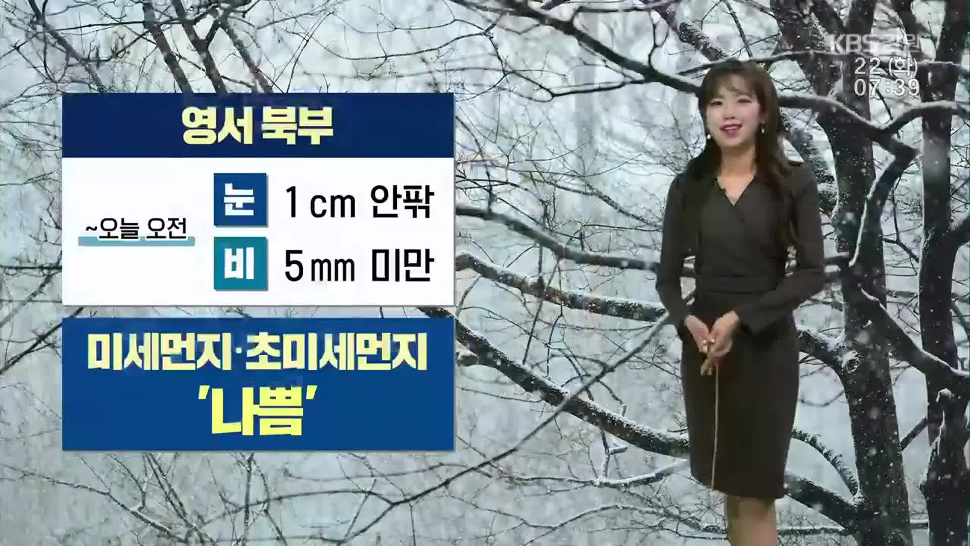 [날씨] 강원 영서 북부 1cm 안팎 눈…미세먼지 ‘나쁨’