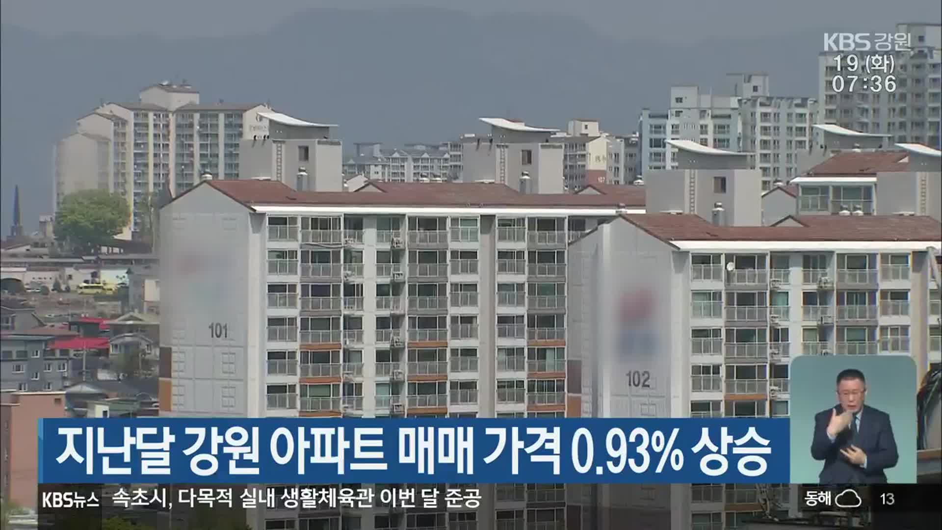 지난달 강원 아파트 매매 가격 0.93% 상승