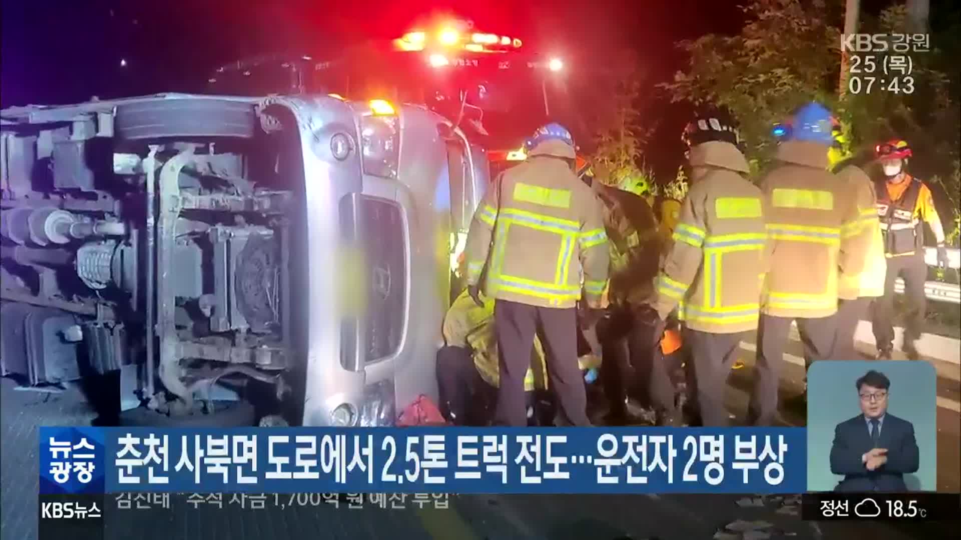 춘천 사북면 도로에서 2.5톤 트럭 전도…운전자 2명 부상