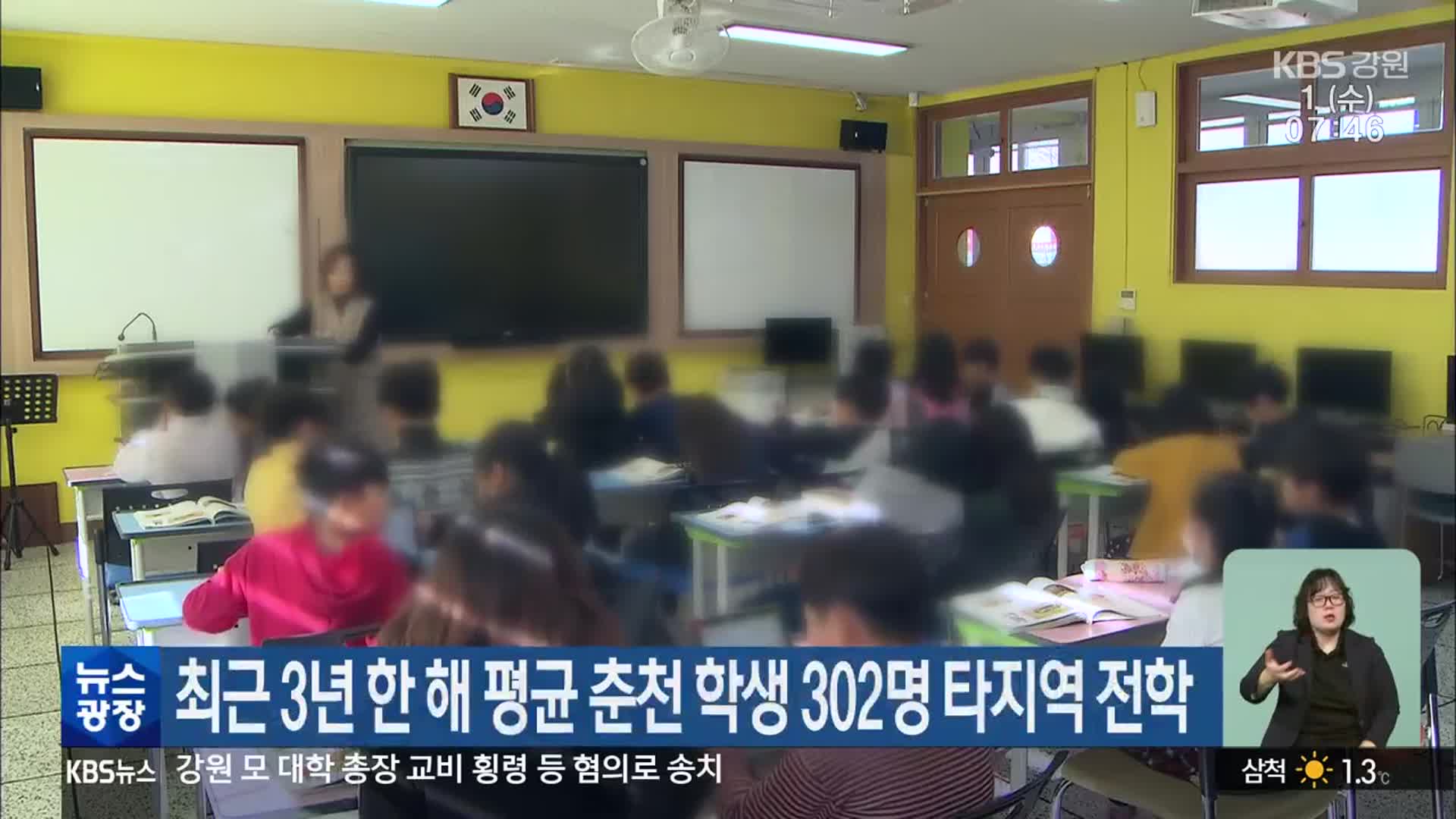 최근 3년 한 해 평균 춘천 학생 302명 타지역 전학