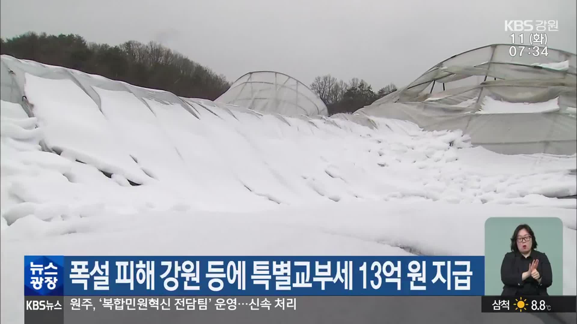 폭설 피해 강원 등에 특별교부세 13억 원 지급