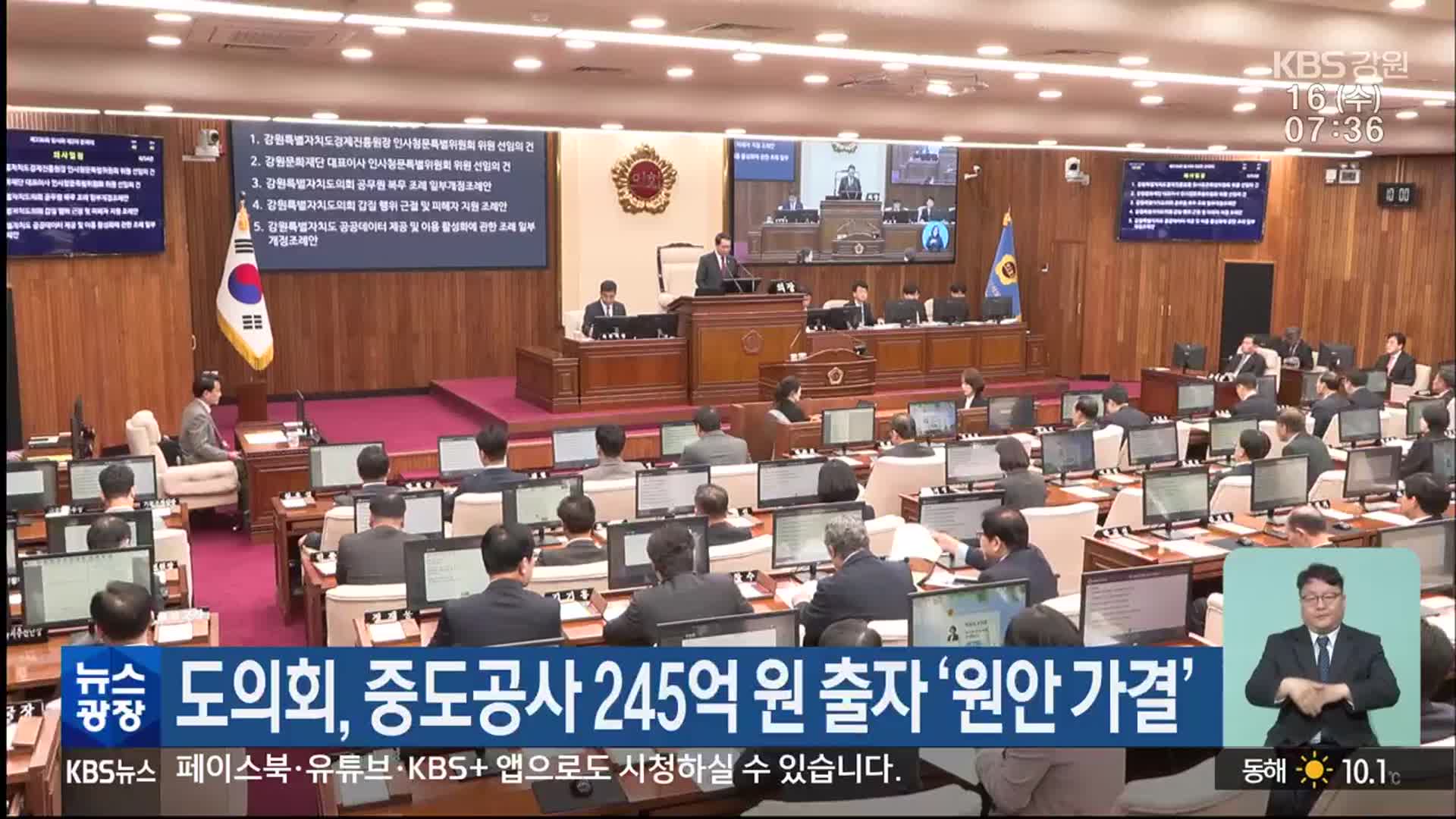 강원도의회, 중도공사 245억 원 출자 ‘원안 가결’