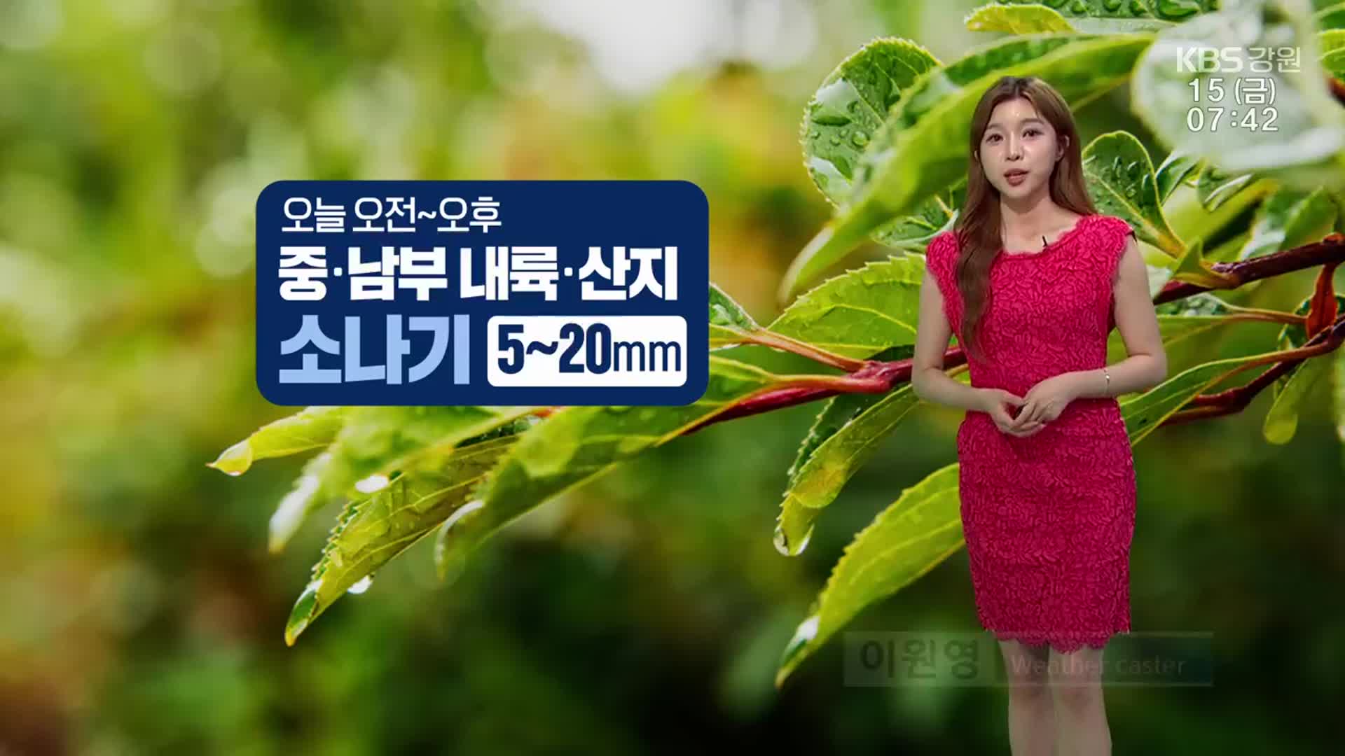 [날씨] 강원 중·남부 내륙·산지 소나기…예상 강수량 5~20mm