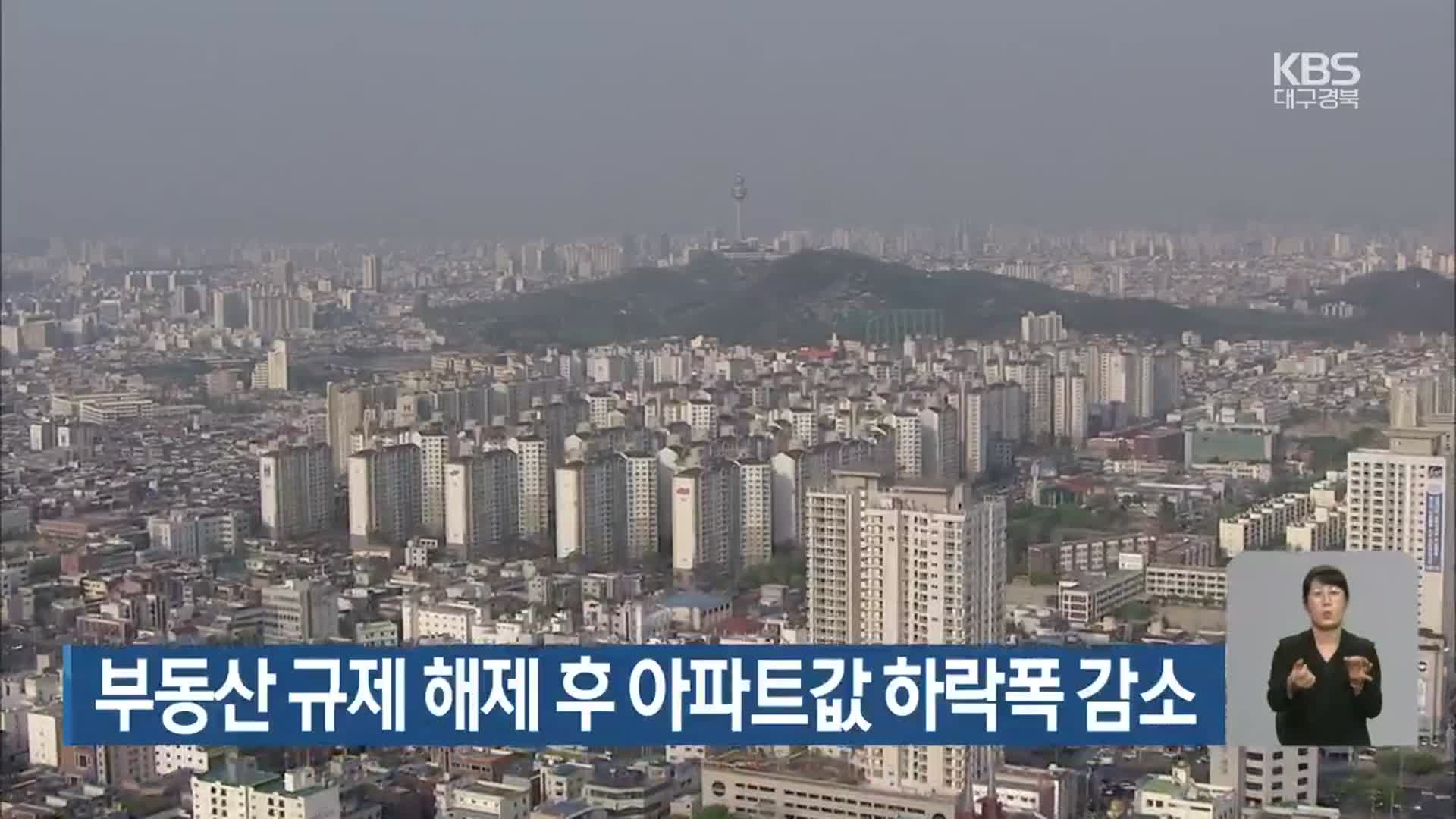 부동산 규제 해제 후 아파트값 하락폭 감소