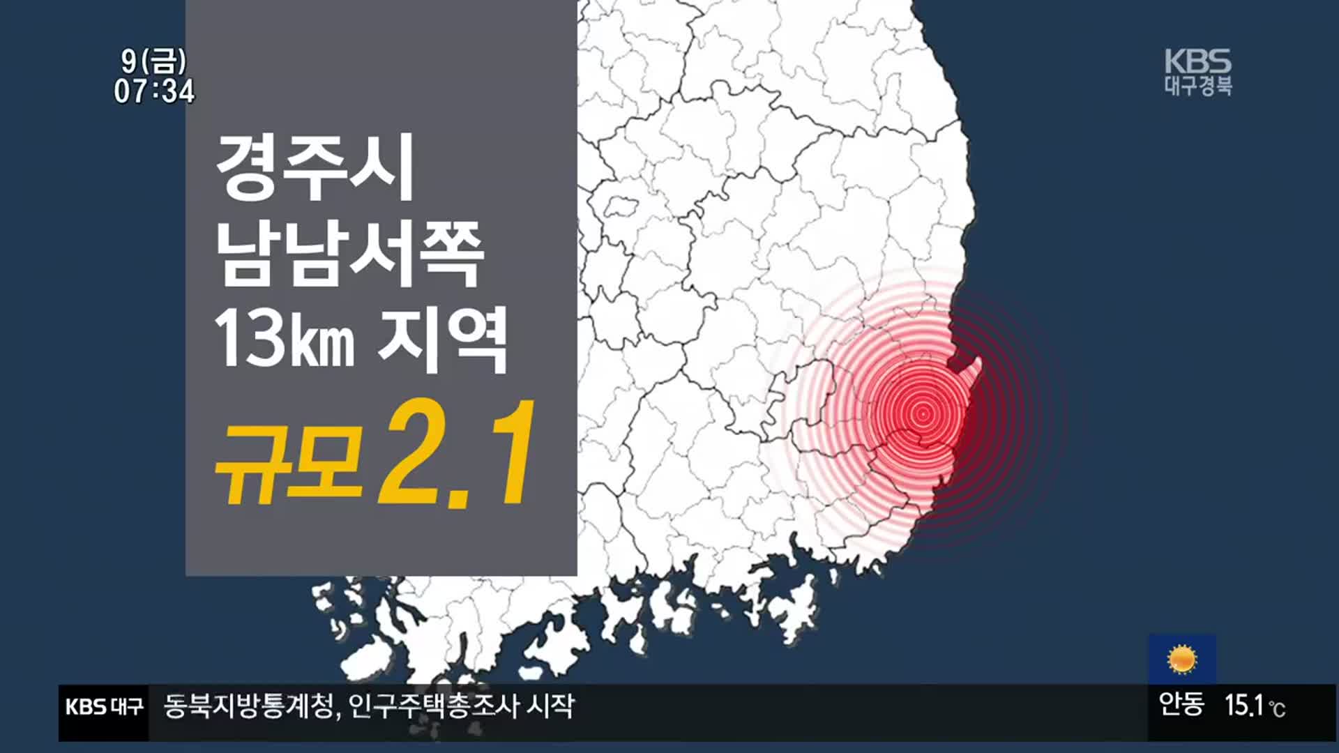 경주시 남남서쪽 13km 지역 규모 2.1 지진 발생