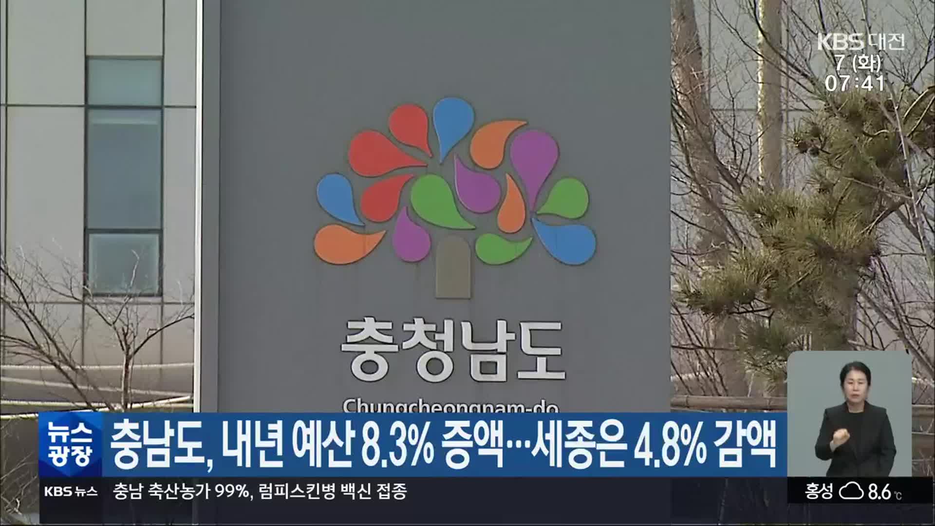 충남도, 내년 예산 8.3% 증액…세종은 4.8% 감액