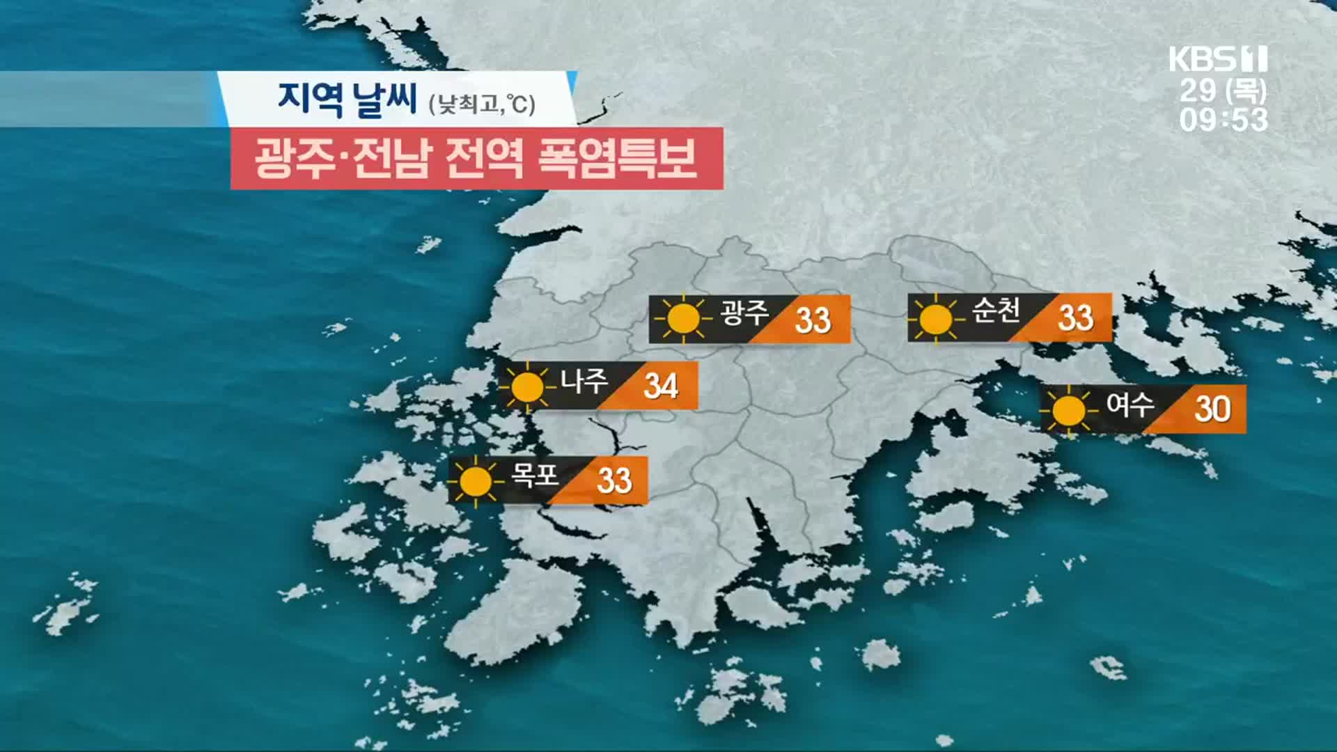 [날씨] 광주·전남 전역 폭염특보…한낮 33도 안팎