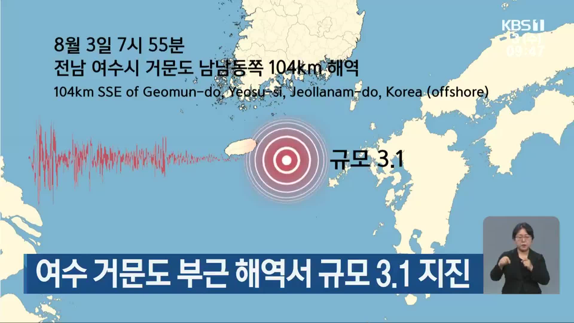 여수 거문도 부근 해역서 규모 3.1 지진