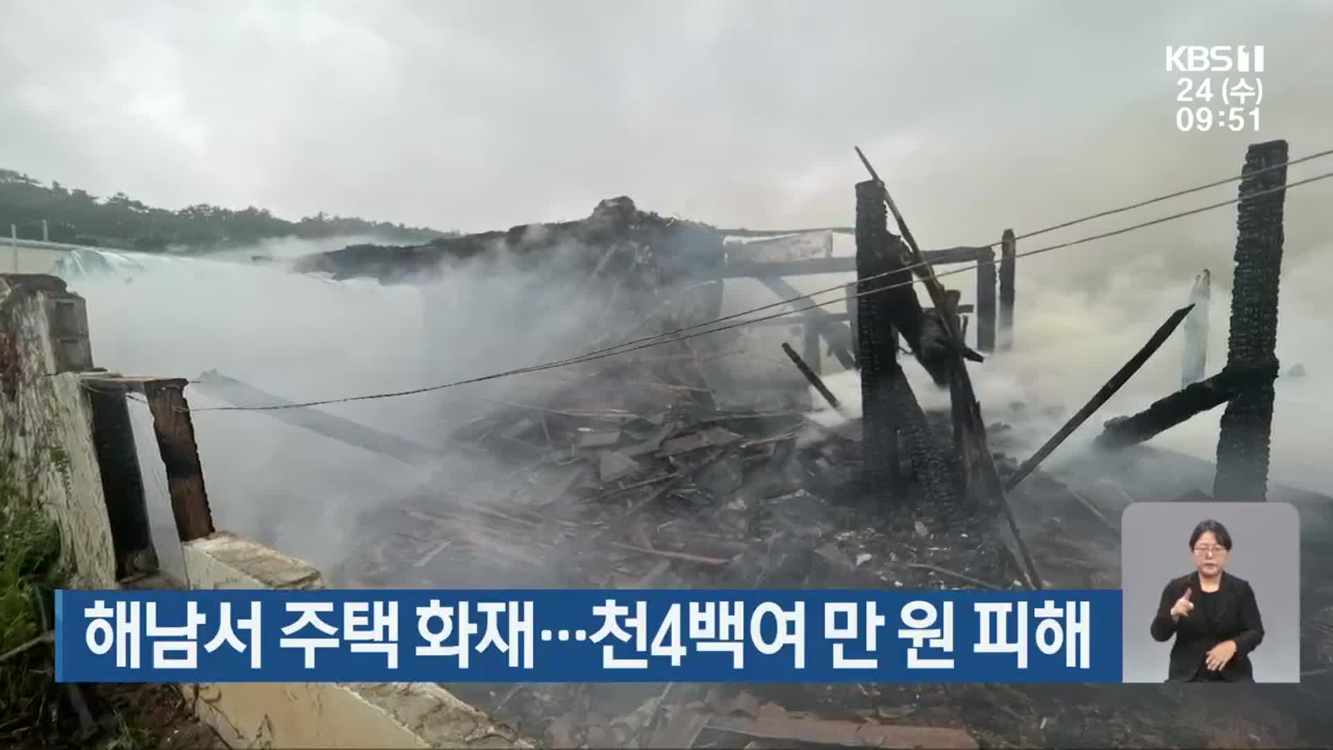 해남서 주택 화재…천4백여 만 원 피해