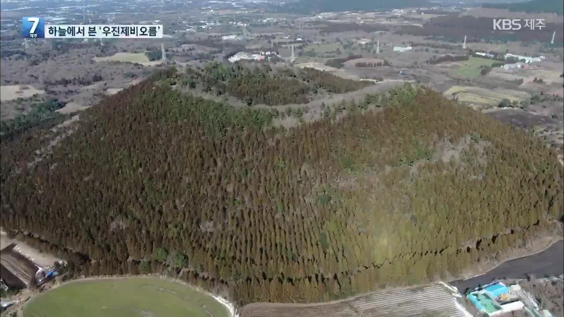 [하늘에서 본 제주] 말굽형 분화구를 지닌 ‘우진제비오름’