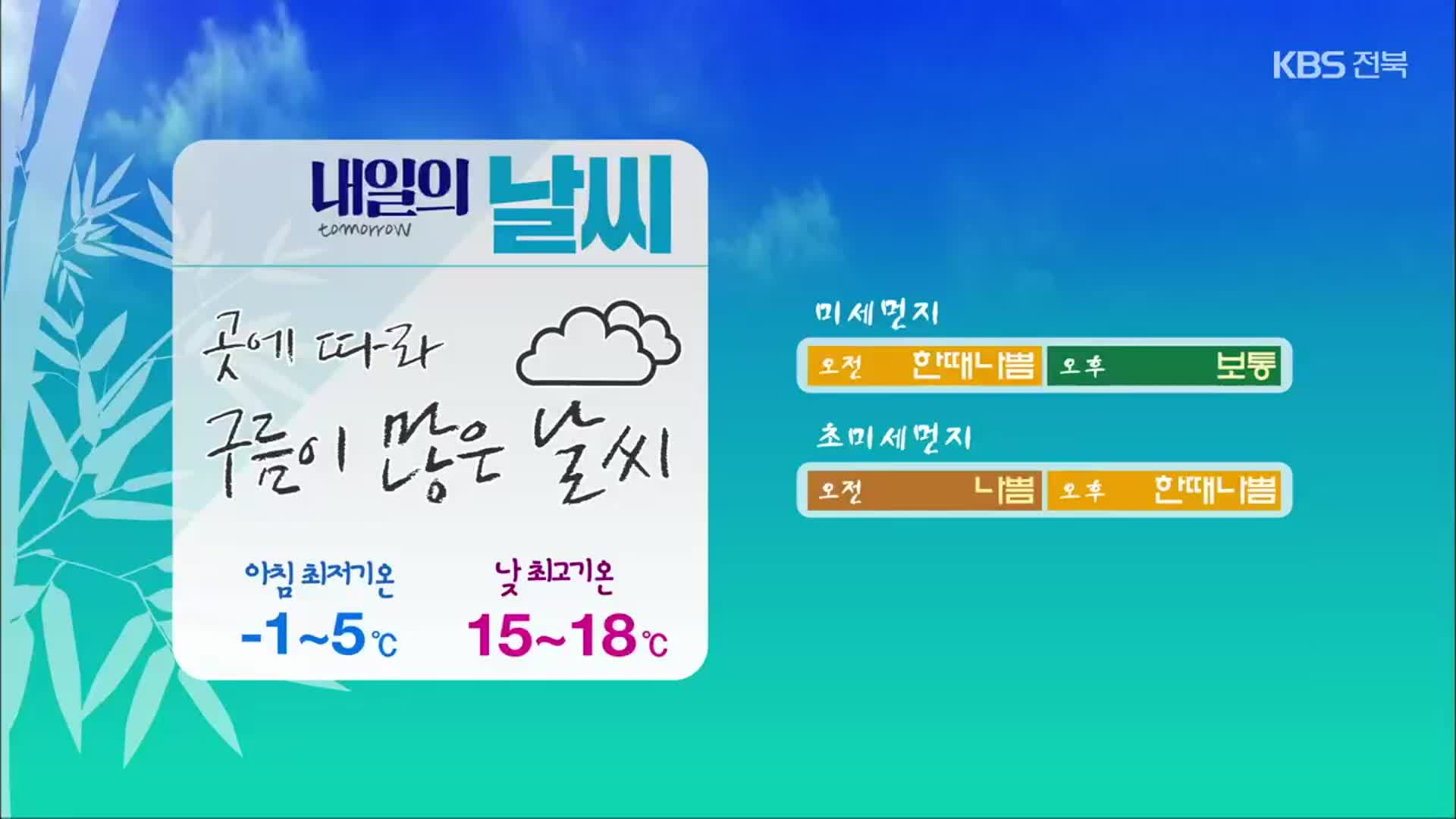 [날씨] 전북 내일 곳곳 구름 많아…낮 최고 18도