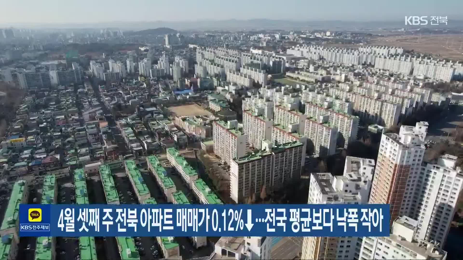 4월 셋째 주 전북 아파트 매매가 0.12%↓…전국 평균보다 낙폭 작아