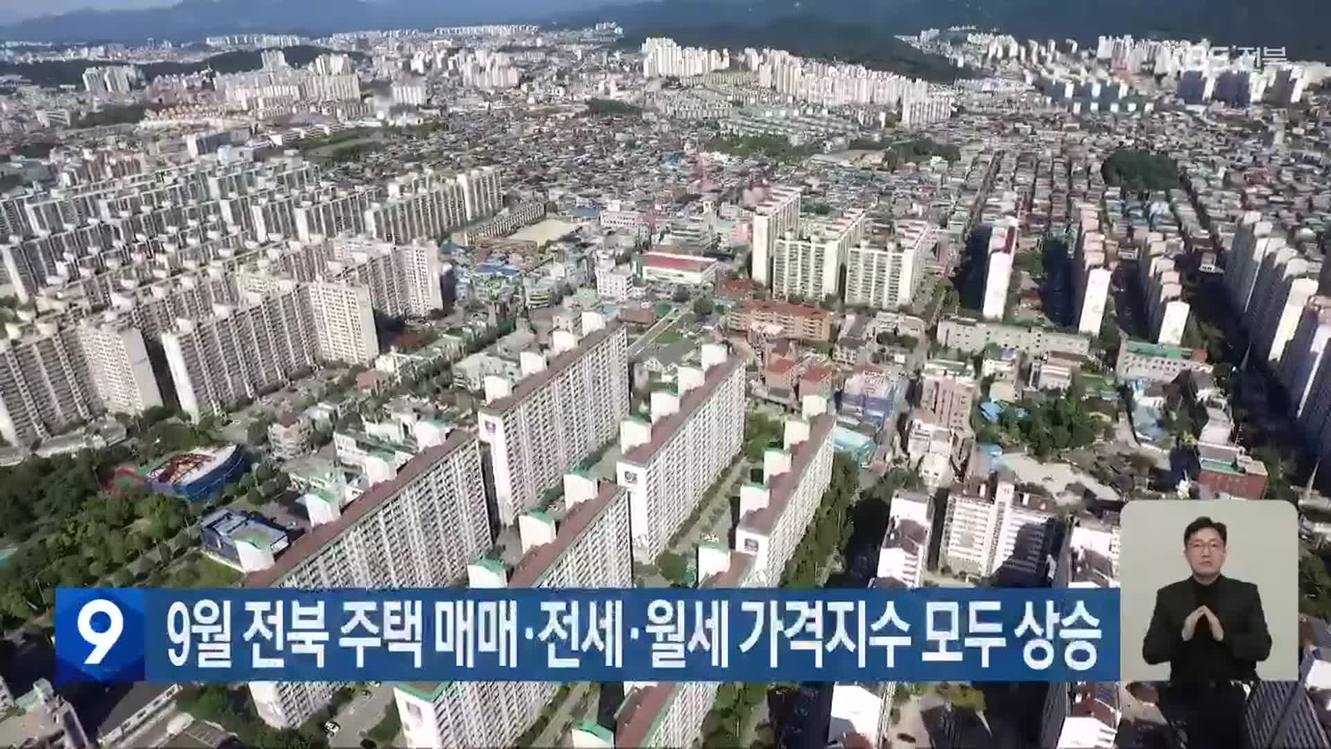 9월 전북 주택 매매·전세·월세 가격지수 모두 상승