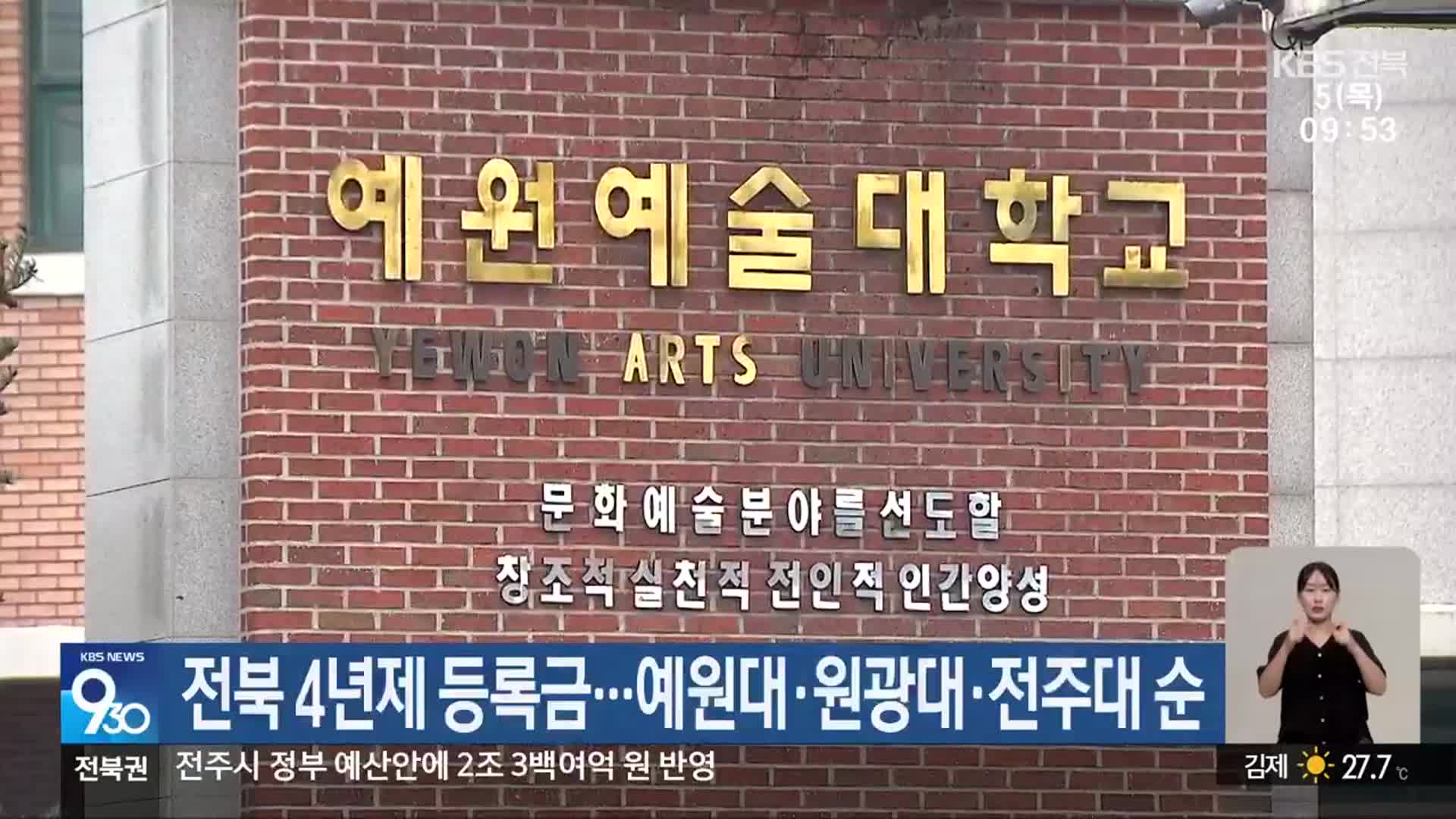 전북 4년제 등록금…예원대·원광대·전주대 순