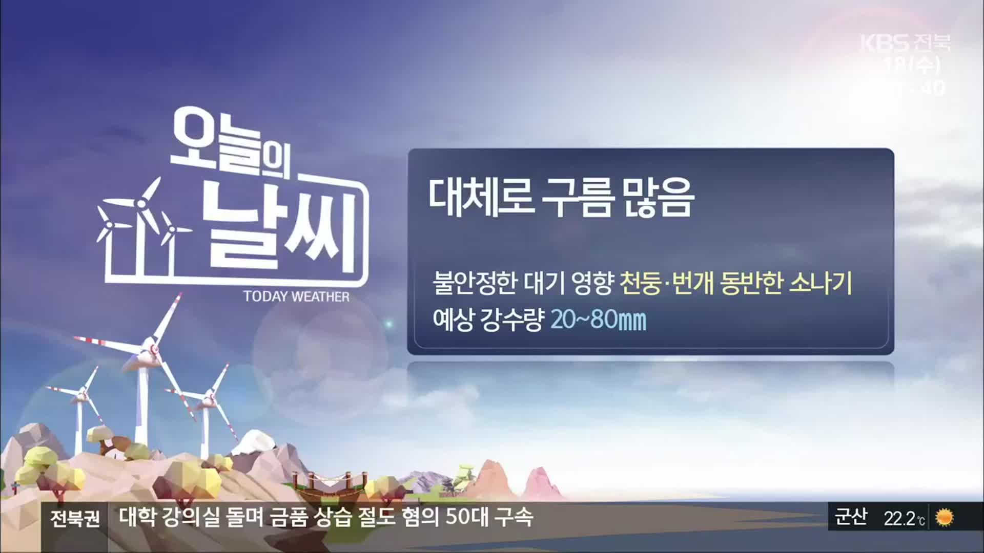 [날씨] 전북 대체로 구름 많음…천둥·번개 동반한 소나기