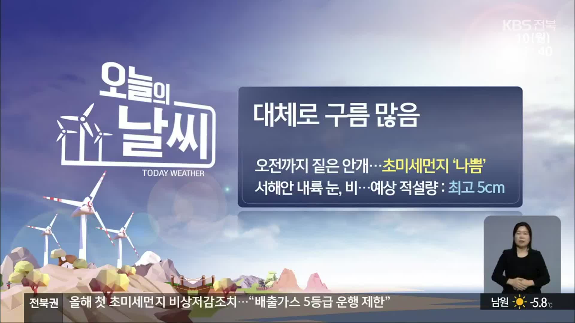 [날씨] 전북 대체로 구름 많음…초미세먼지 ‘나쁨’