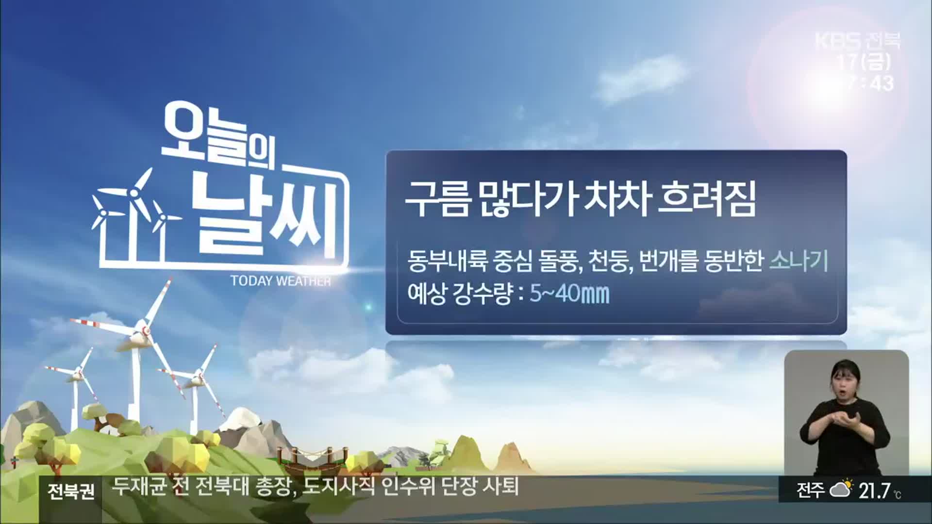 [날씨] 전북 구름 많다가 흐려져…동부 내륙 ‘소나기’