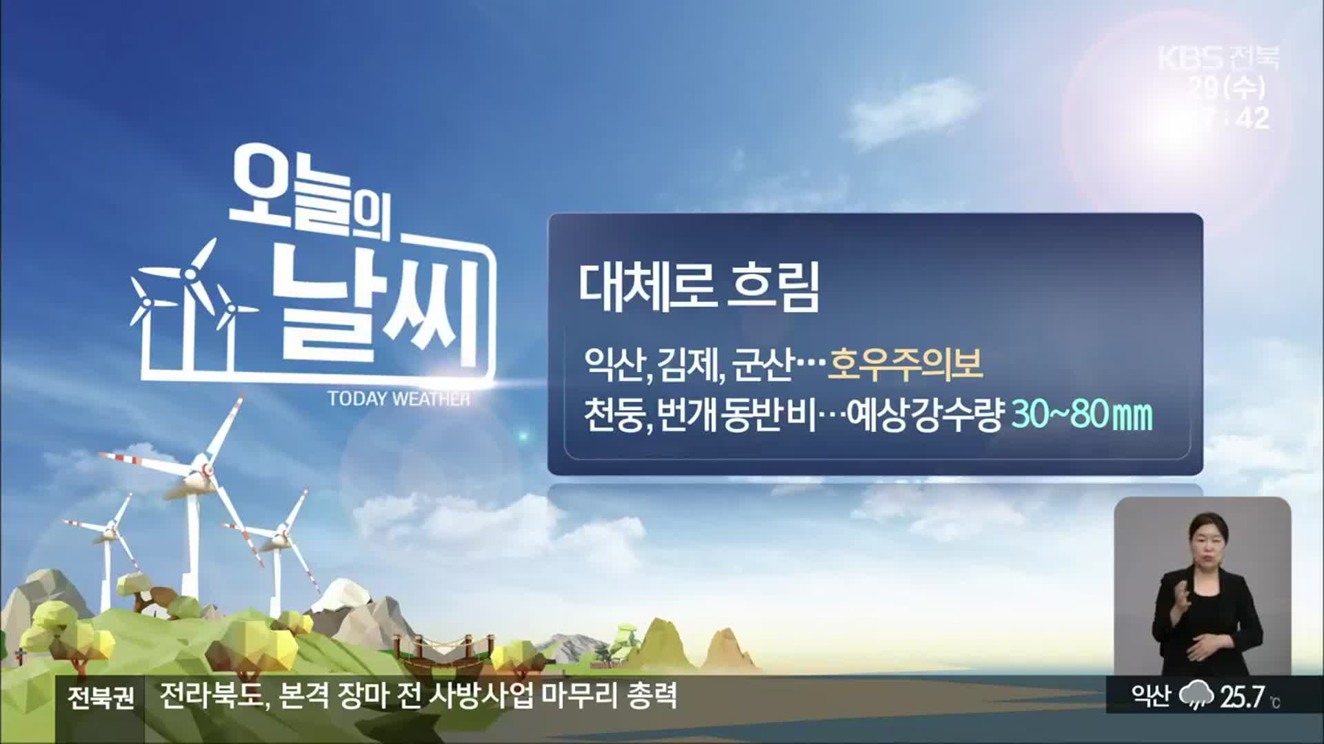 [날씨] 전북 북서부 돌풍·천둥·번개 동반 비…예상강수량 30~80mm