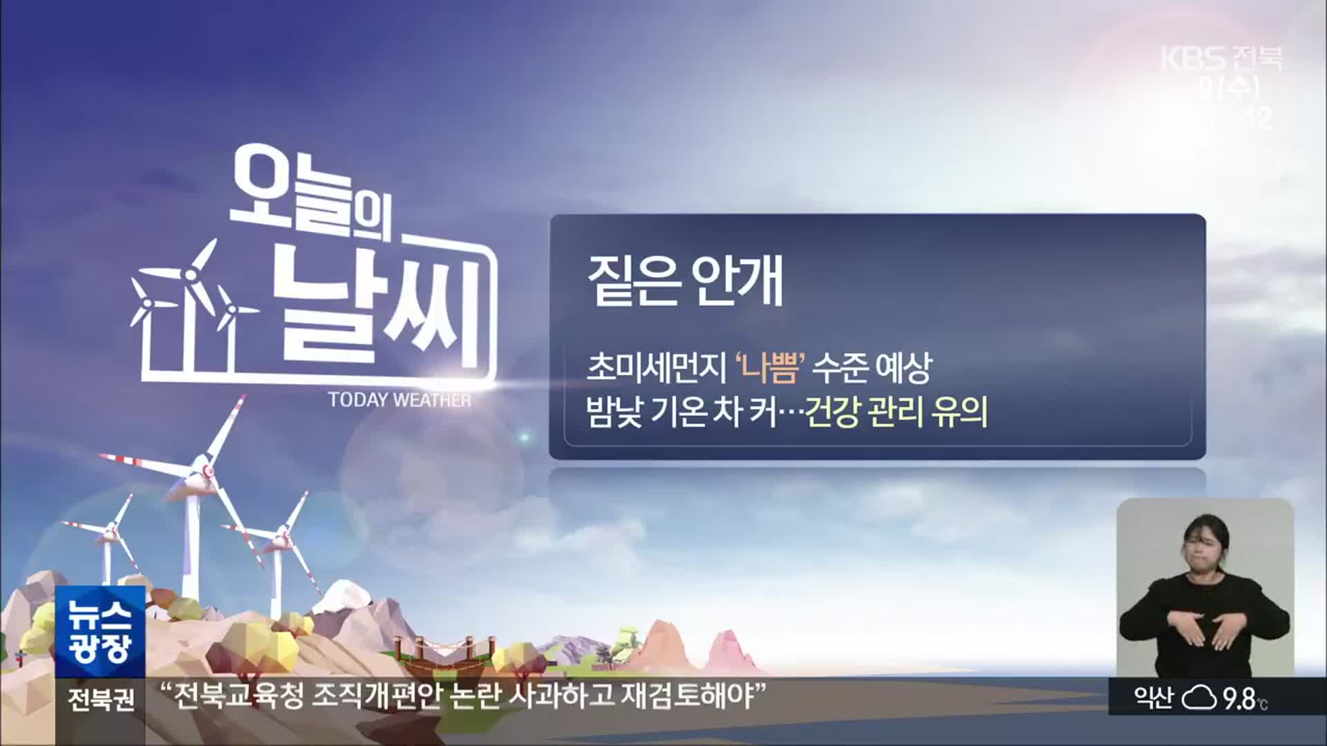 [날씨] 전북 초미세먼지 ‘나쁨’…일교차 10도↑