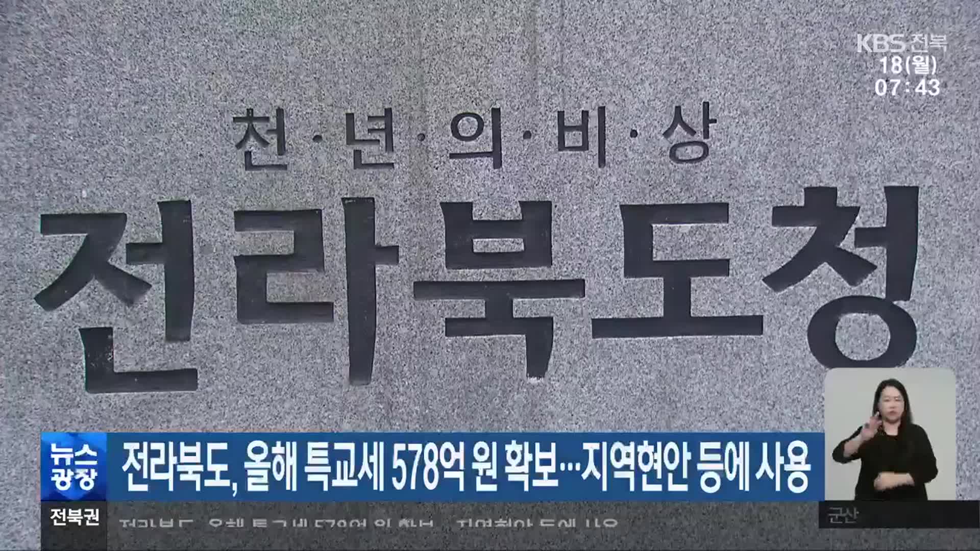 전라북도, 올해 특교세 578억 원 확보…지역현안 등에 사용