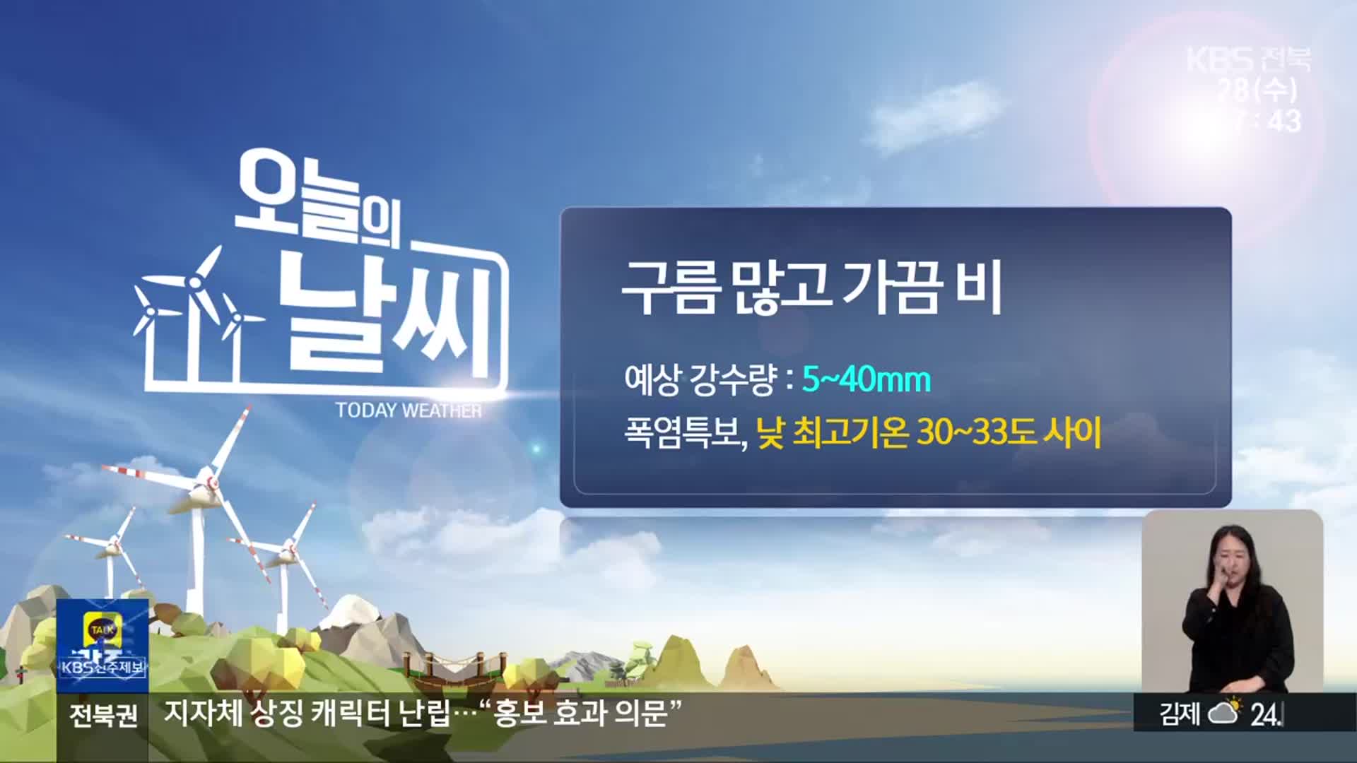 [날씨] 전북 구름 많고 가끔 비…낮 최고기온 30~33도