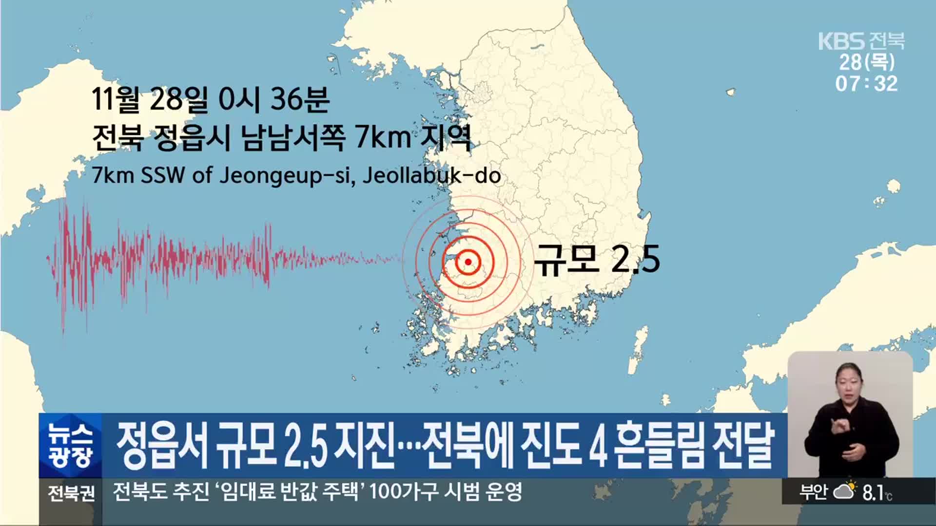 정읍서 규모 2.5 지진…전북에 진도 4 흔들림 전달