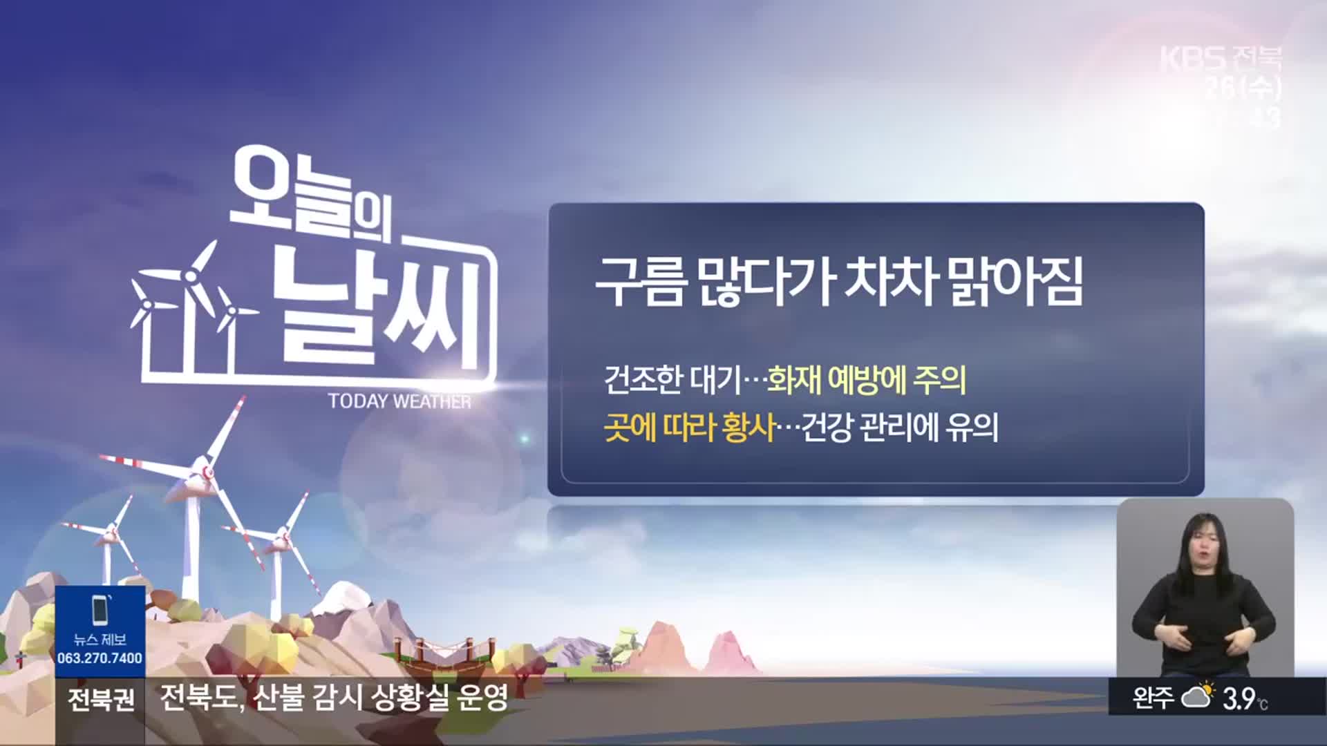 [날씨] 전북 대기 건조 ‘화재 주의’…곳곳 황사