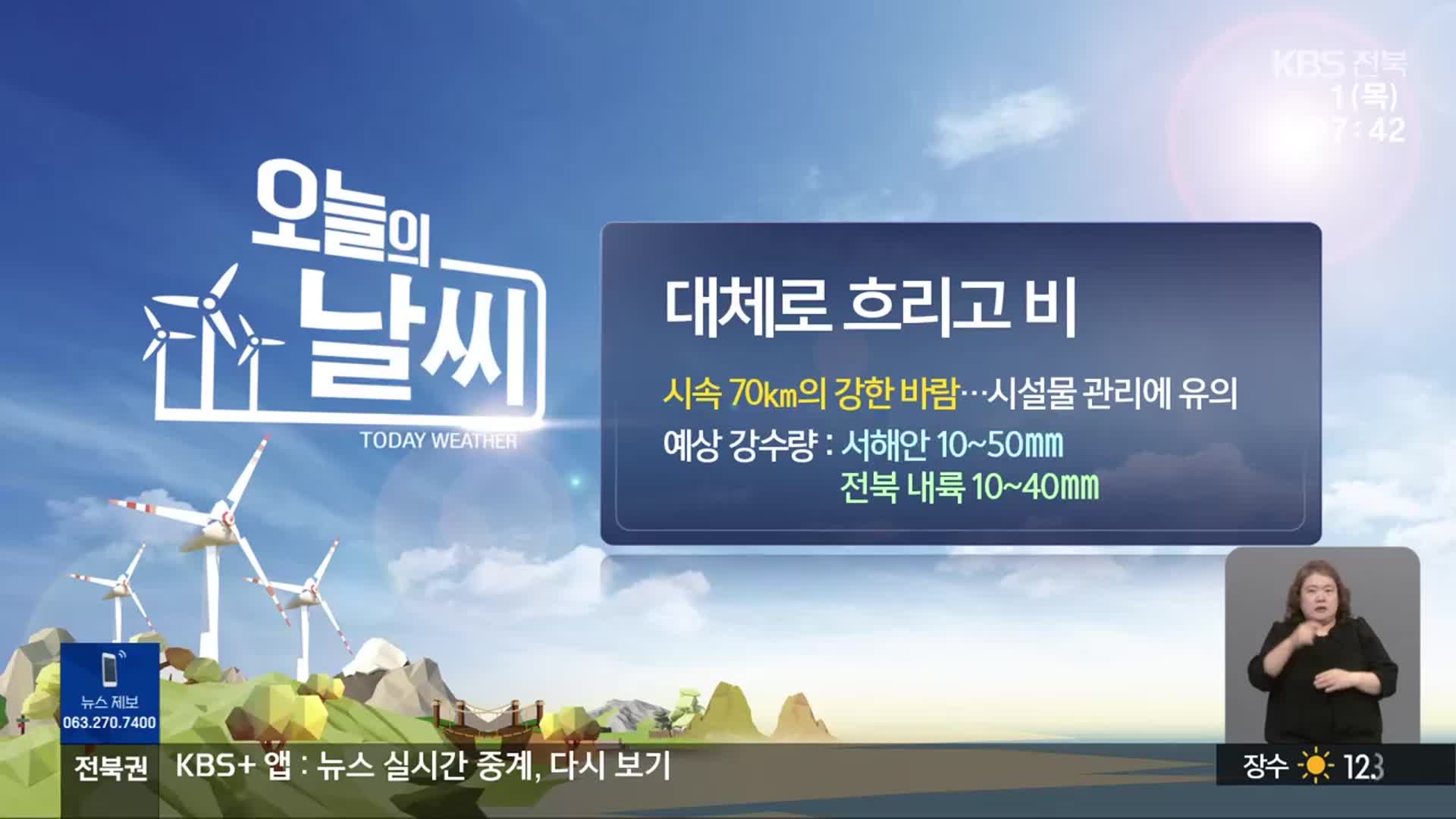 [날씨] 전북 대체로 흐리고 비…강한 바람 주의