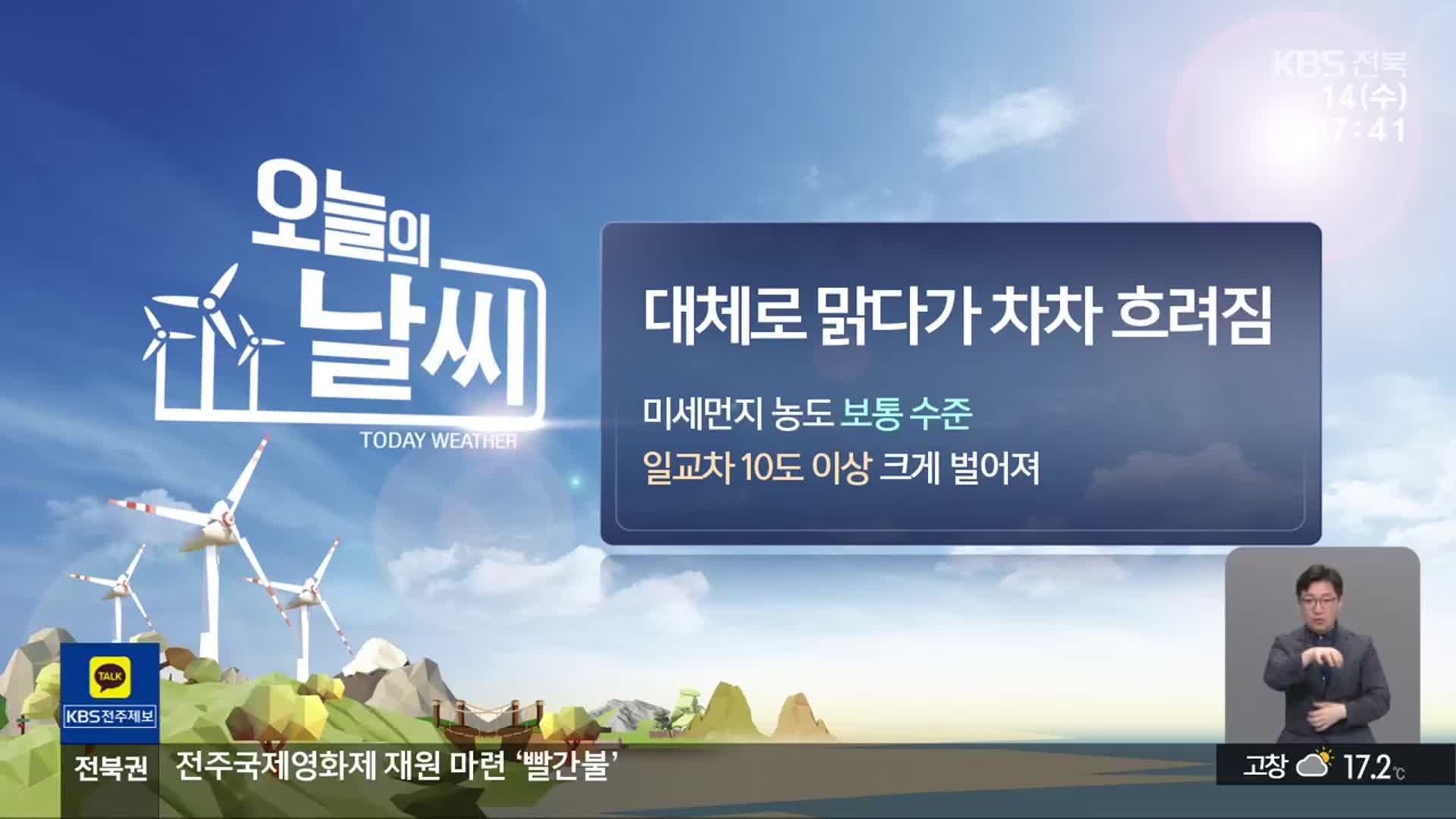 [날씨] 전북 맑다가 밤부터 흐려져…일교차 커요!