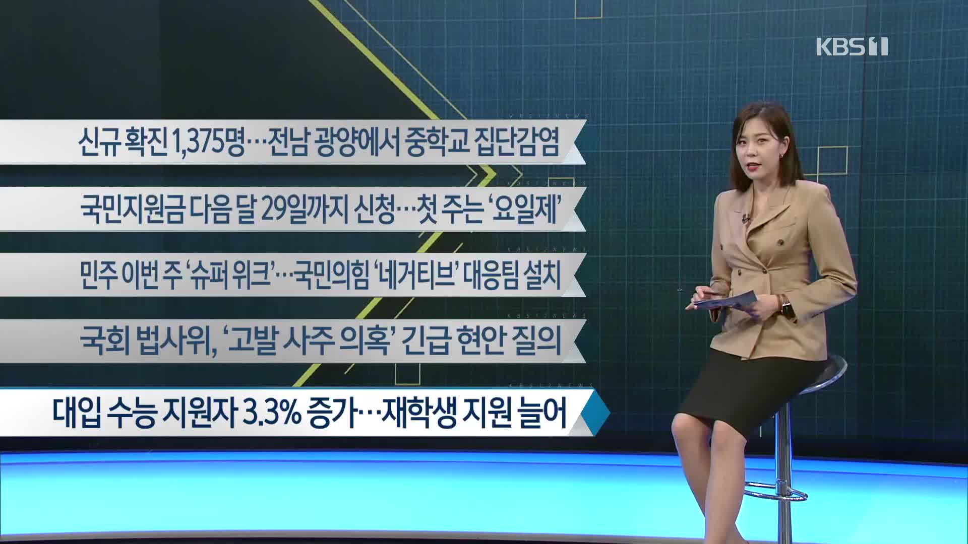 [이 시각 주요뉴스] 신규 확진 1,375명…전남 광양에서 중학교 집단감염 외