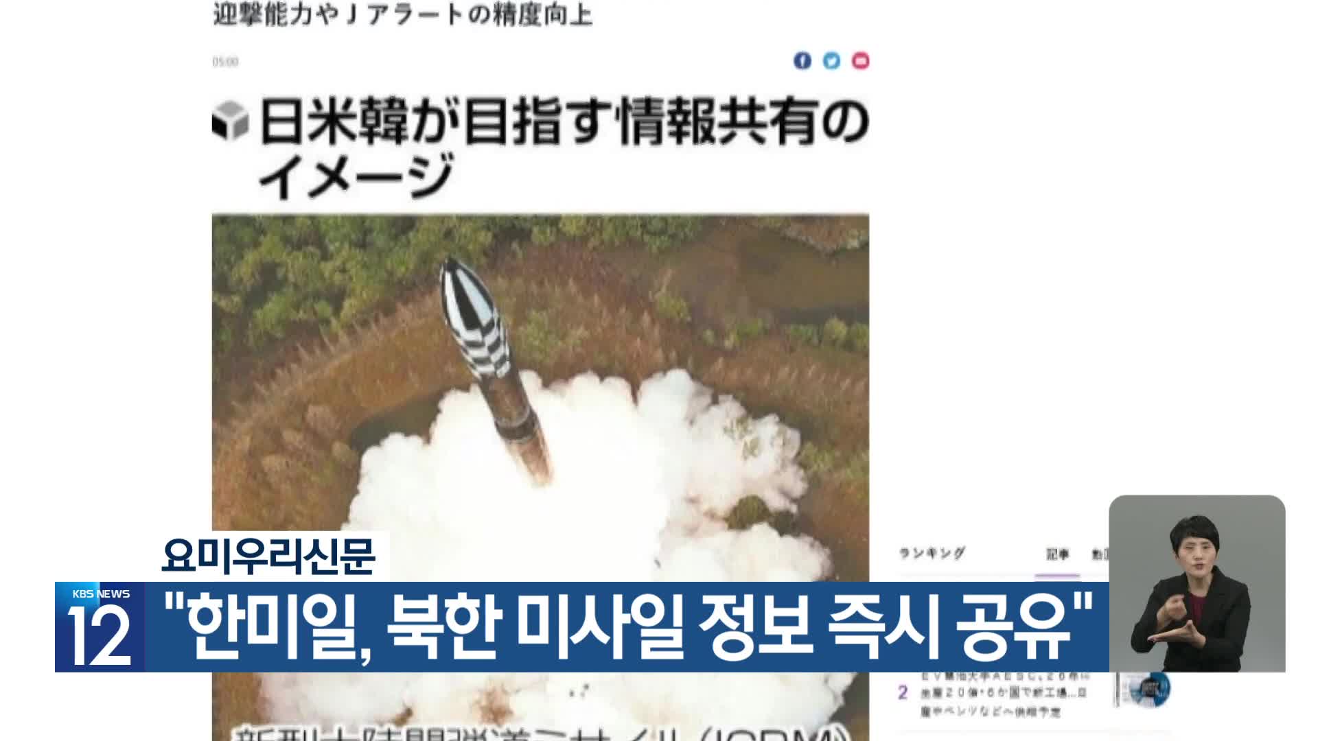 요미우리신문 “한미일, 북한 미사일 정보 즉시 공유”