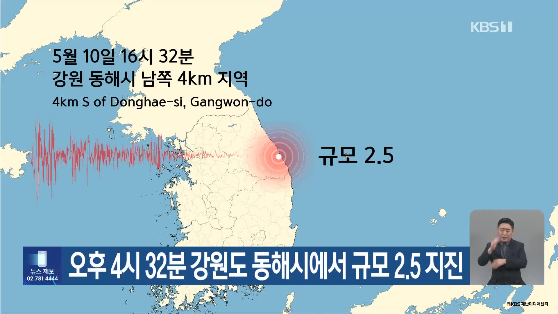 오후 4시 32분 강원도 동해시에서 규모 2.5 지진
