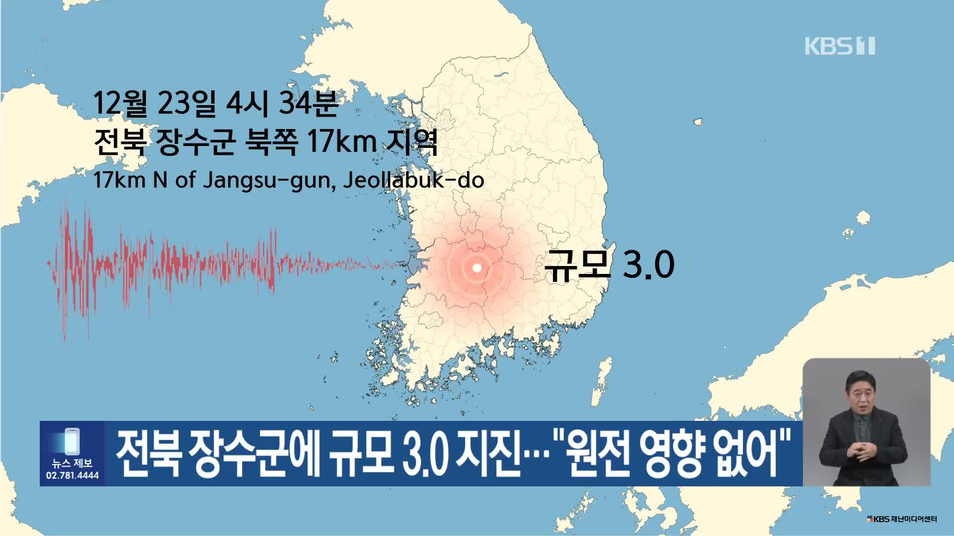 전북 장수군에 규모 3.0 지진…“원전 영향 없어”