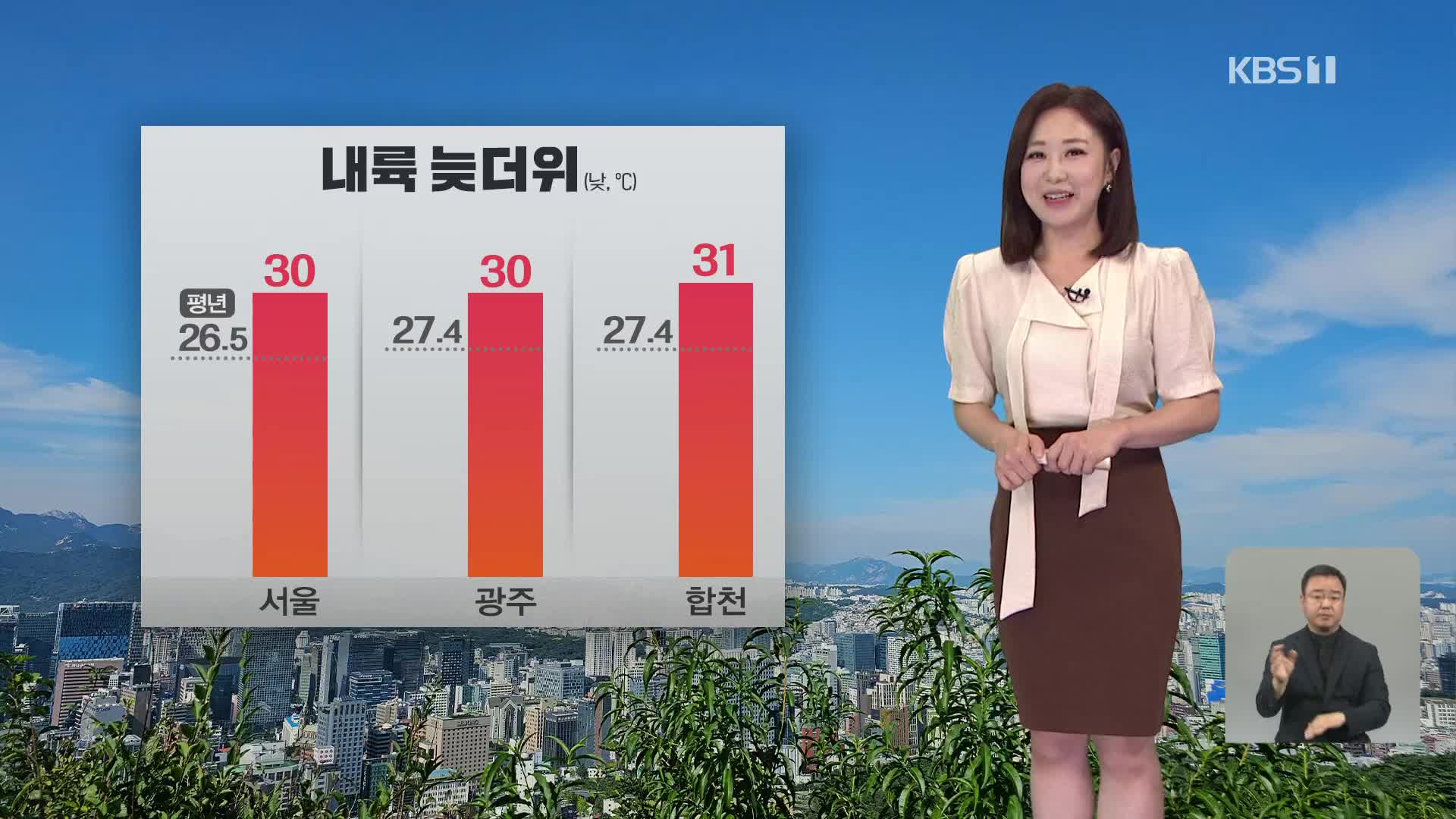 [930 날씨] 내륙 낮 기온 30도 안팎…곳곳 소나기