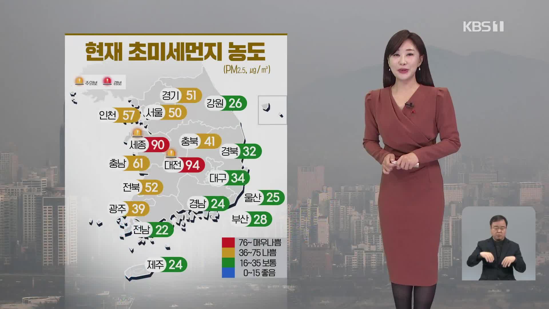 [930 날씨] 다시 공기 탁해져…대전·세종에 초미세먼지 주의보