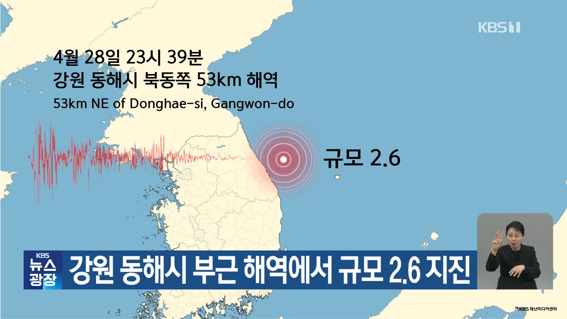강원 동해시 부근 해역에서 규모 2.6 지진