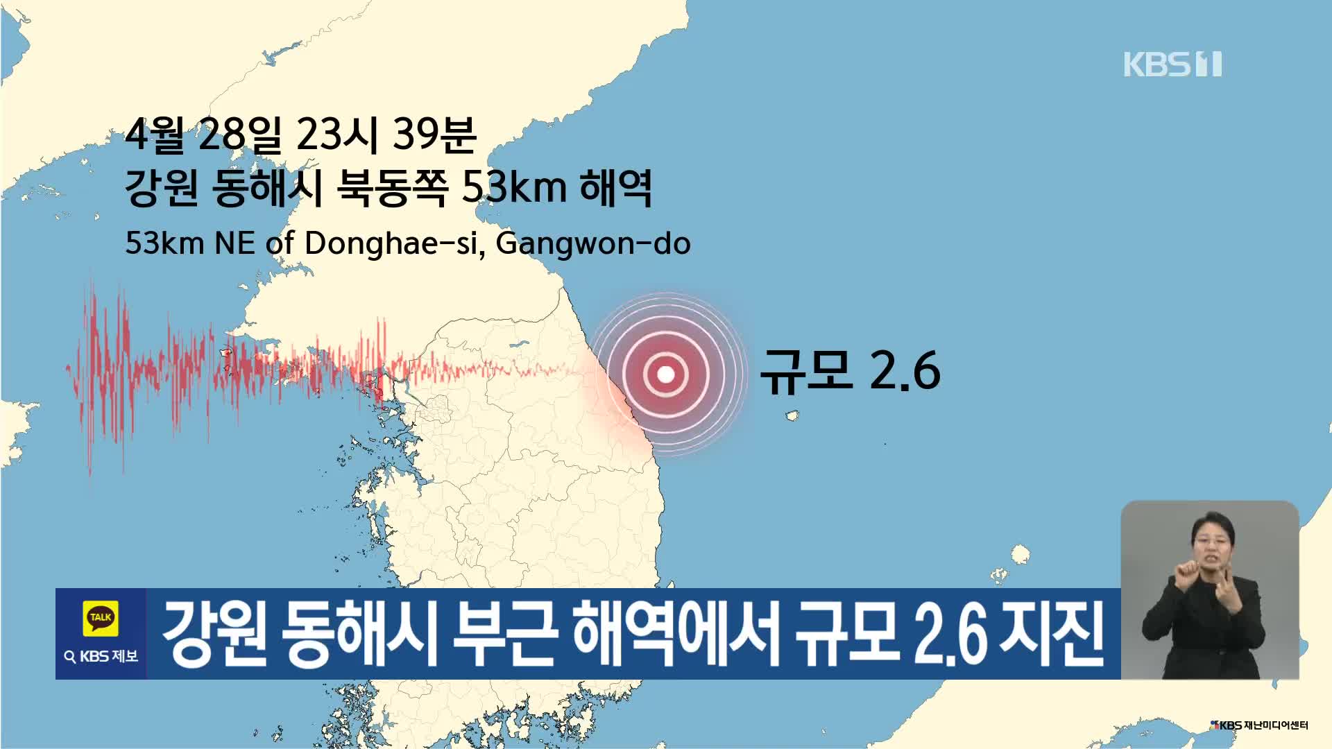 강원 동해시 부근 해역에서 규모 2.6 지진