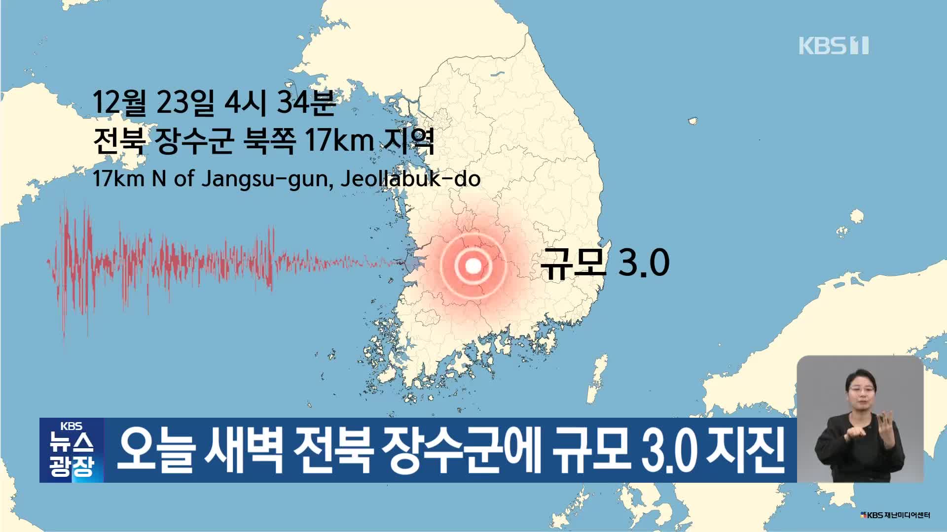 오늘 새벽 전북 장수군에 규모 3.0 지진